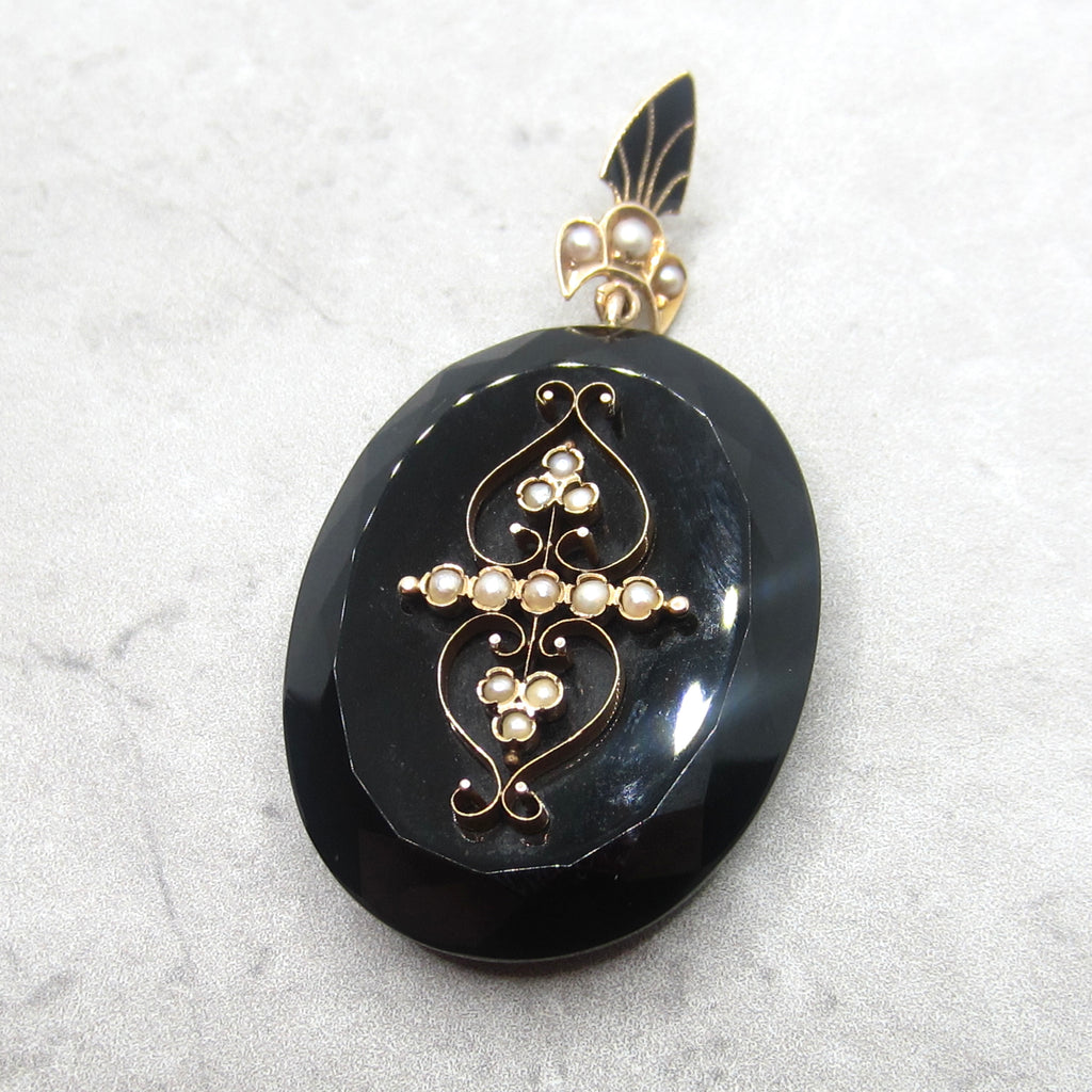 Antique Victorian 14k Gold Onyx Pearl and Enamel Locket c.1880s