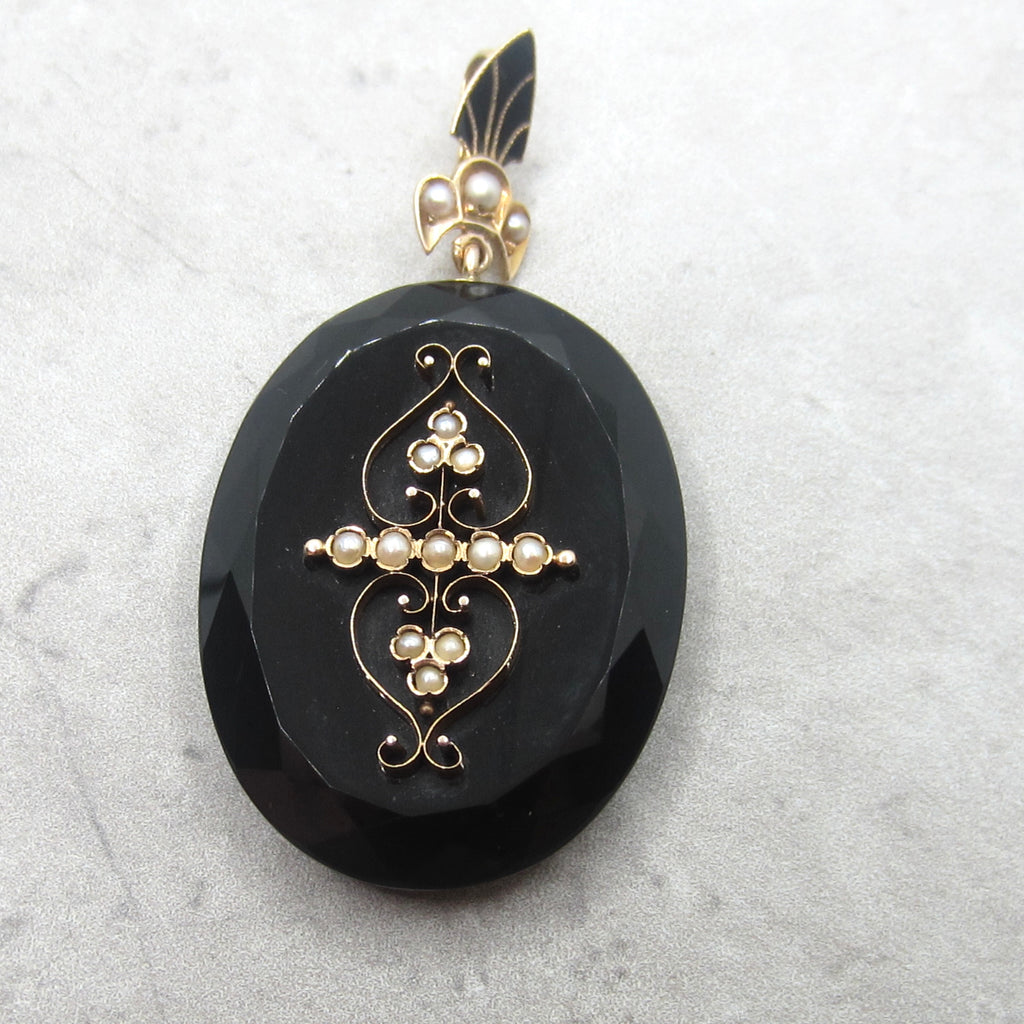 Antique Victorian 14k Gold Onyx Pearl and Enamel Locket c.1880s