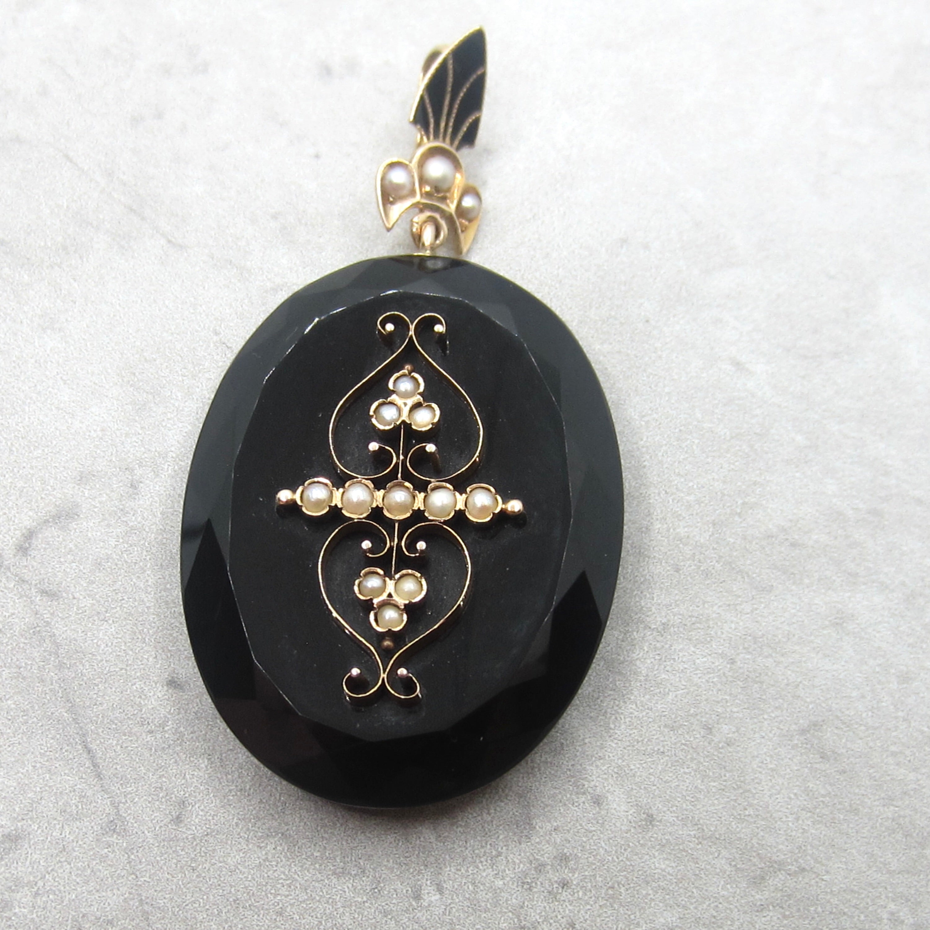 Antique Victorian 14k Gold Onyx Pearl and Enamel Locket c.1880s