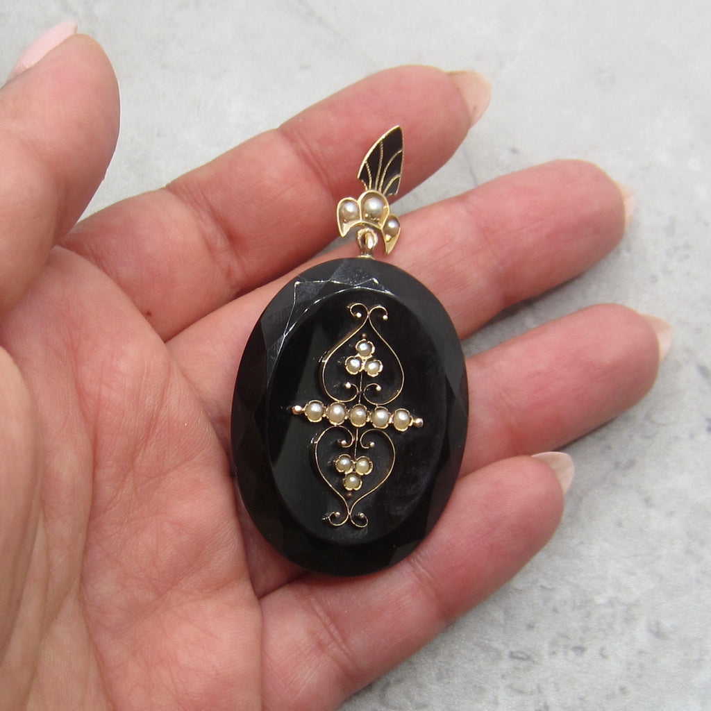 Antique Victorian 14k Gold Onyx Pearl and Enamel Locket c.1880s
