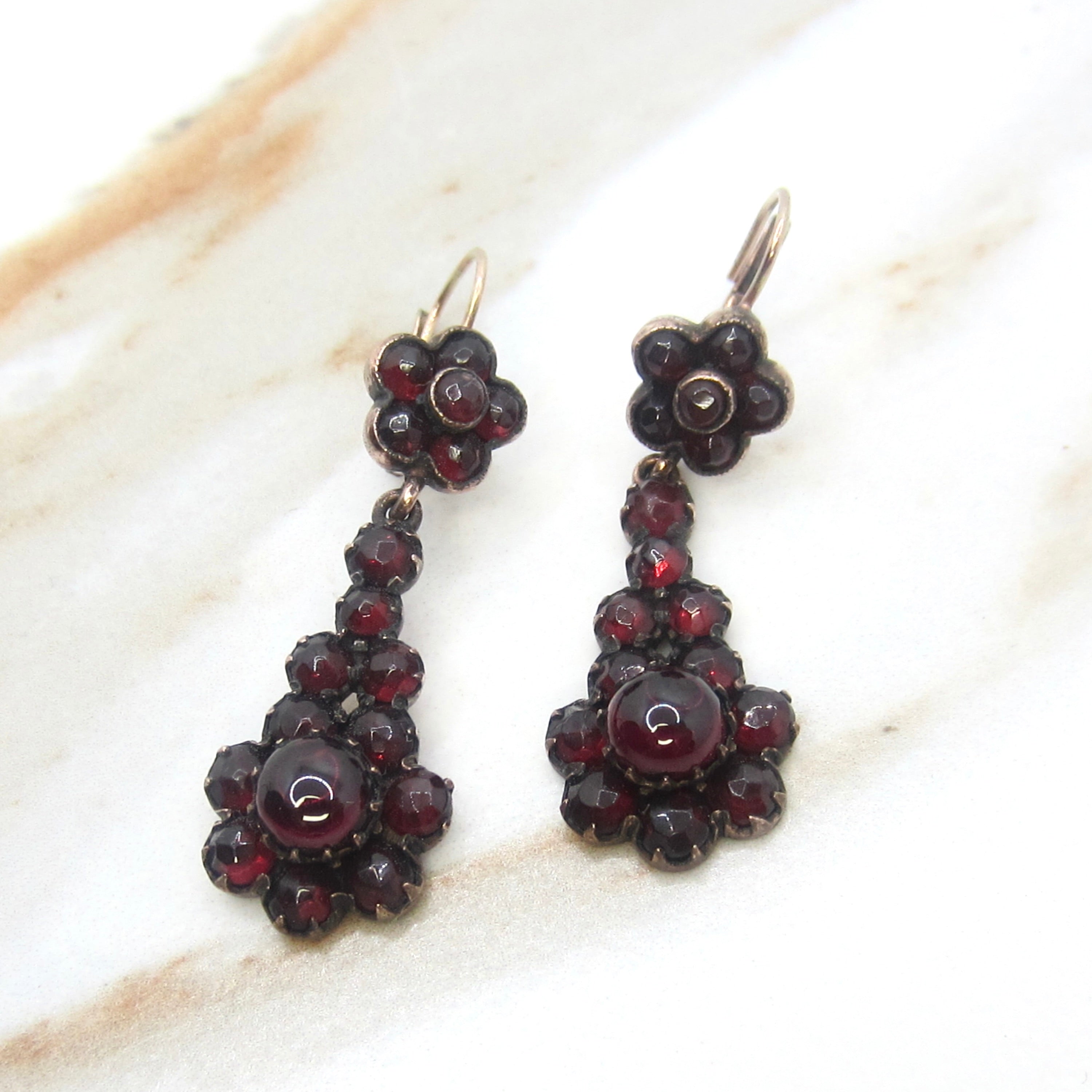 Antique Victorian Garnet Flower 14k Gold Ear wire Leverback Drop Earrings c.1900