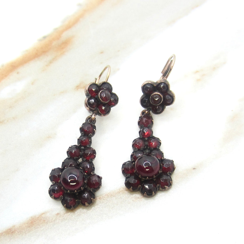 Antique Victorian Garnet Flower 14k Gold Ear wire Leverback Drop Earrings c.1900