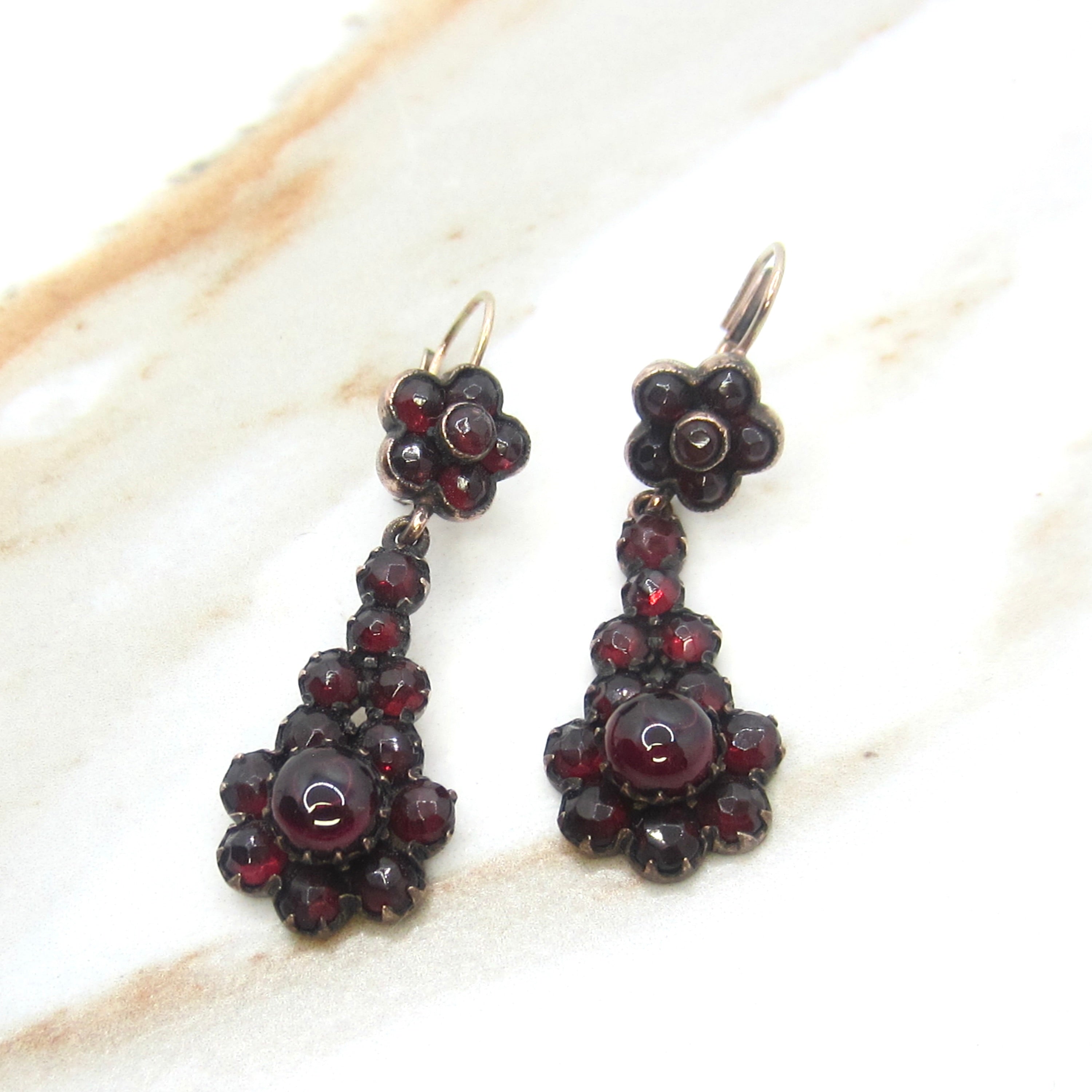 Antique Victorian Garnet Flower 14k Gold Ear wire Leverback Drop Earrings c.1900