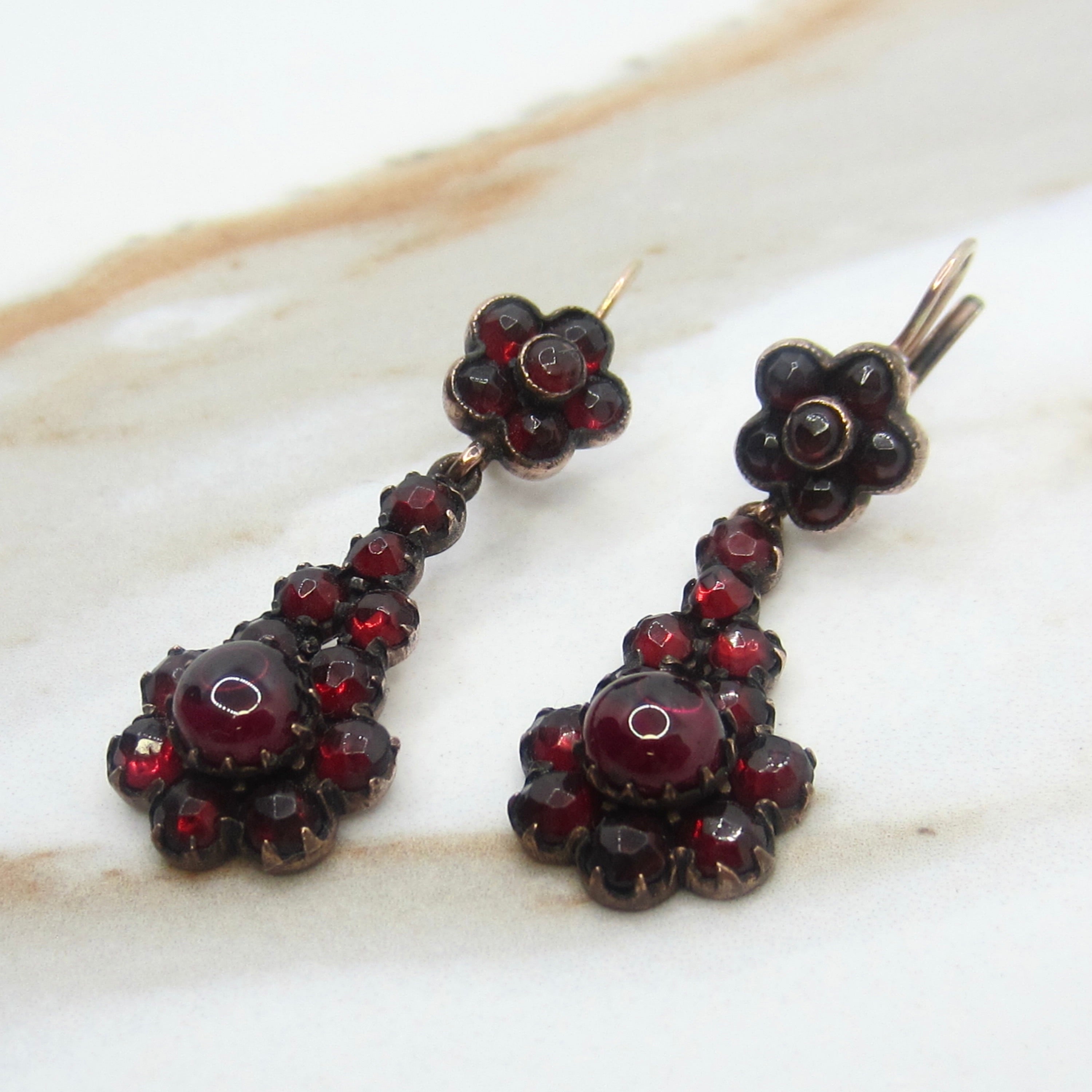 Antique Victorian Garnet Flower 14k Gold Ear wire Leverback Drop Earrings c.1900