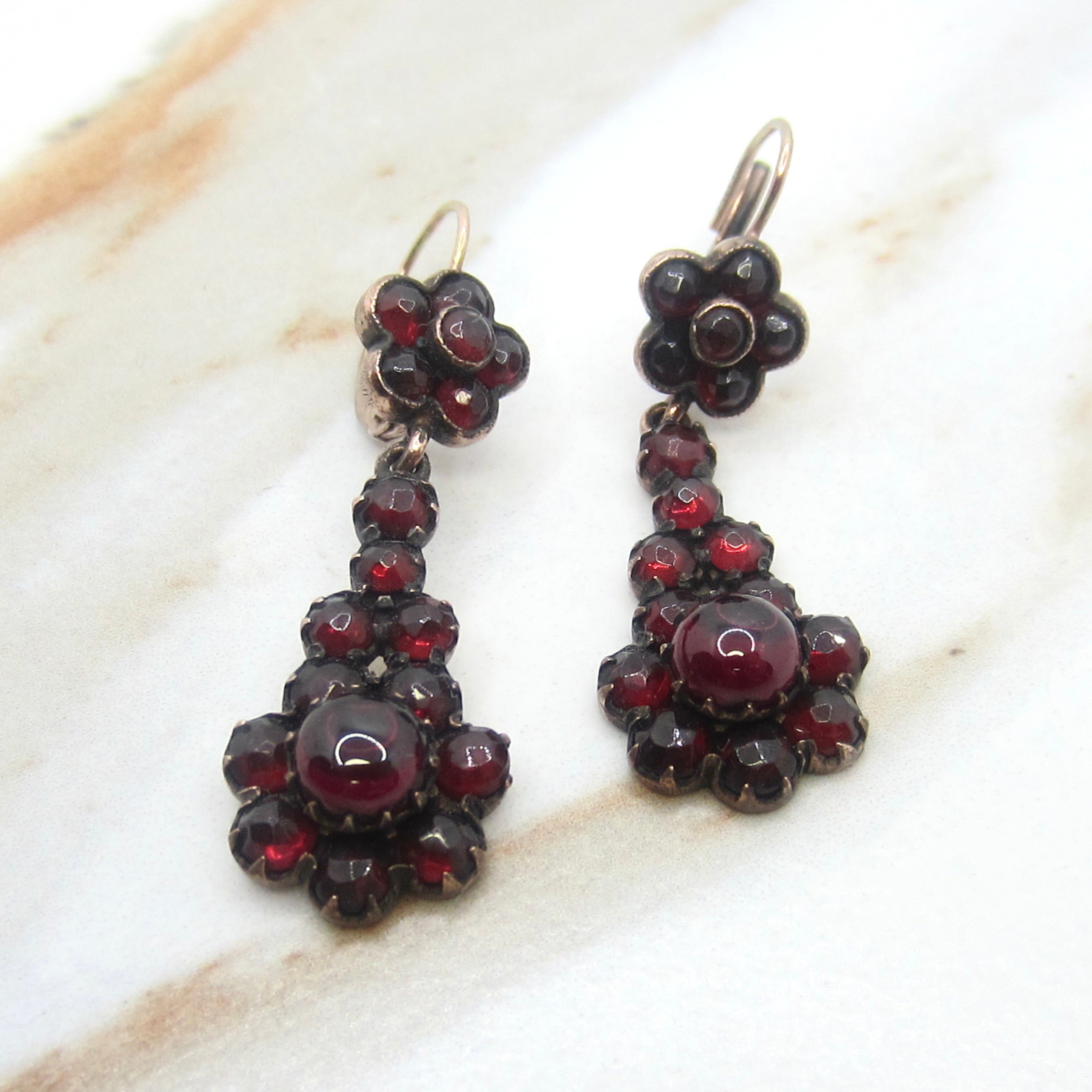 Antique Victorian Garnet Flower 14k Gold Ear wire Leverback Drop Earrings c.1900