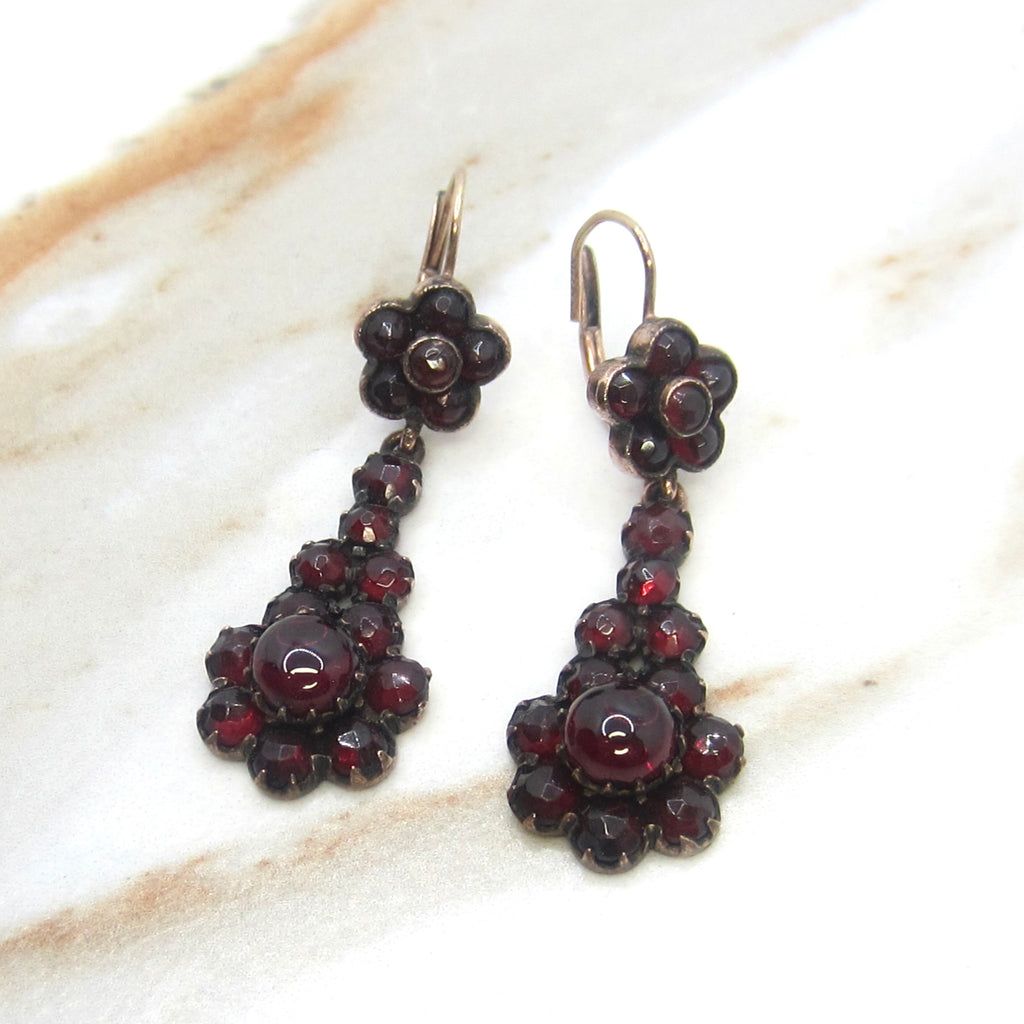 Antique Victorian Garnet Flower 14k Gold Ear wire Leverback Drop Earrings c.1900