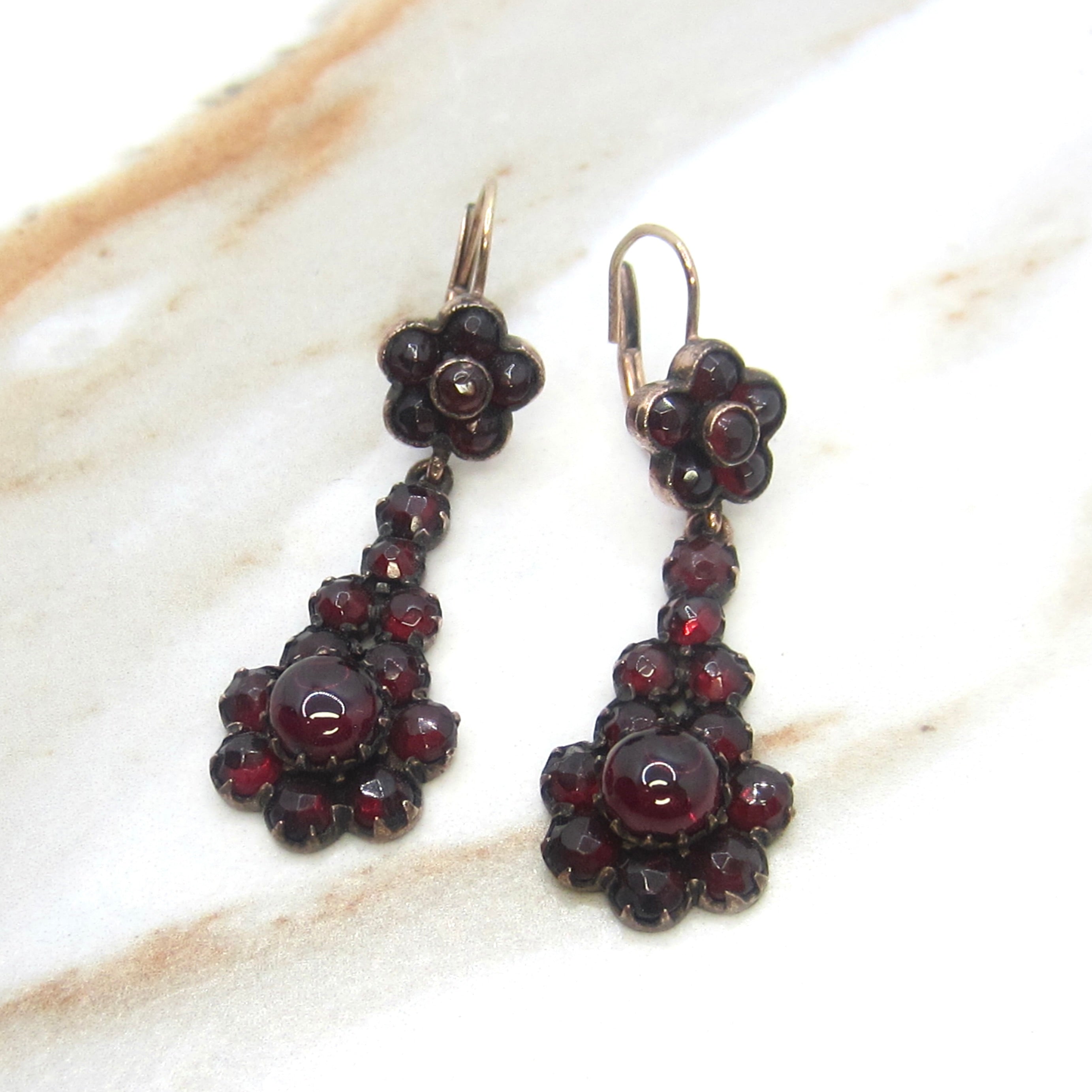 Antique Victorian Garnet Flower 14k Gold Ear wire Leverback Drop Earrings c.1900