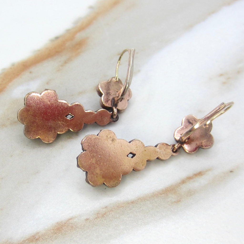 Antique Victorian Garnet Flower 14k Gold Ear wire Leverback Drop Earrings c.1900
