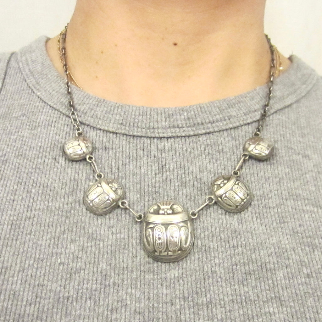 Vintage Art Deco Egyptian Revival Sterling Silver Scarab Hieroglyphs Necklace c.1930s