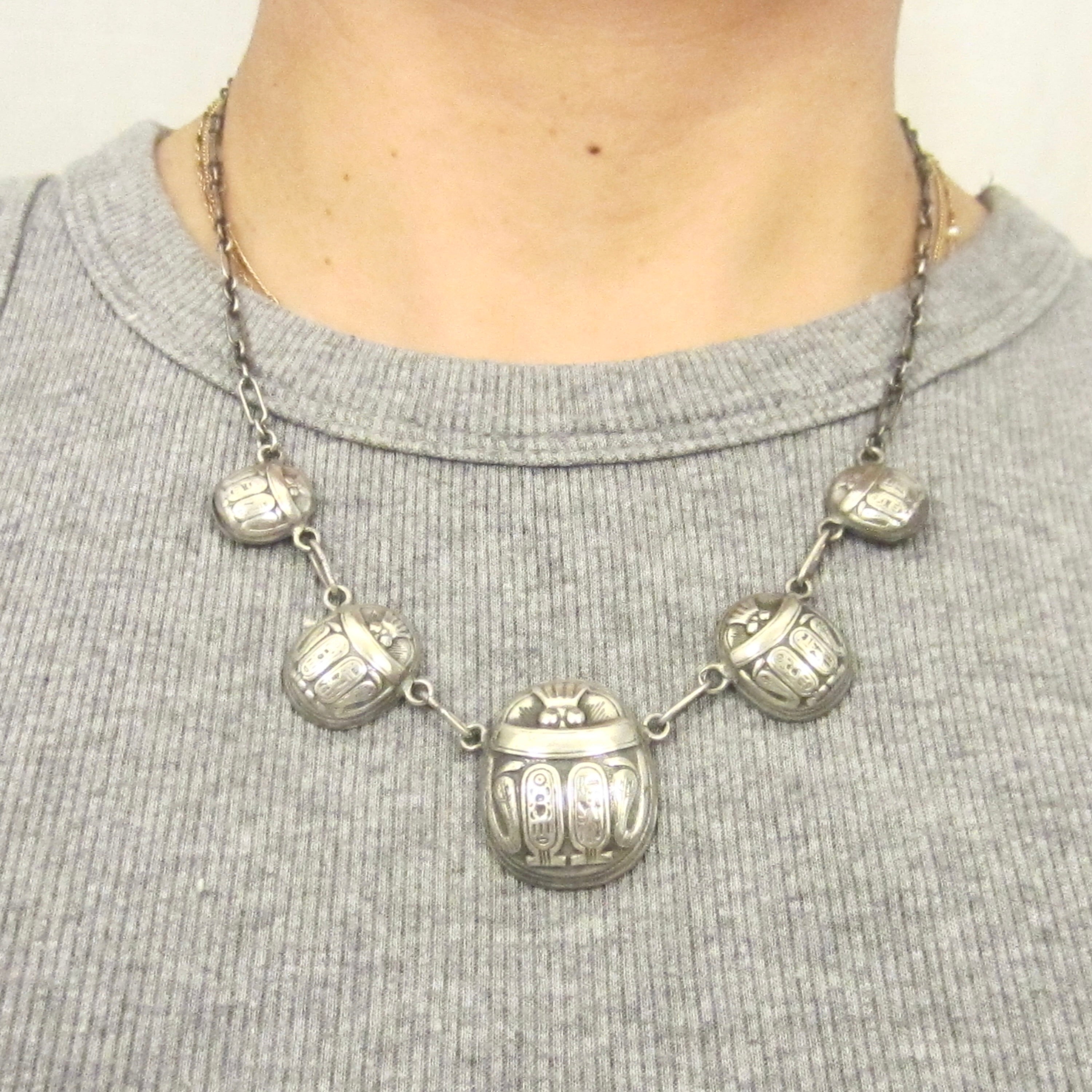 Vintage Art Deco Egyptian Revival Sterling Silver Scarab Hieroglyphs Necklace c.1930s