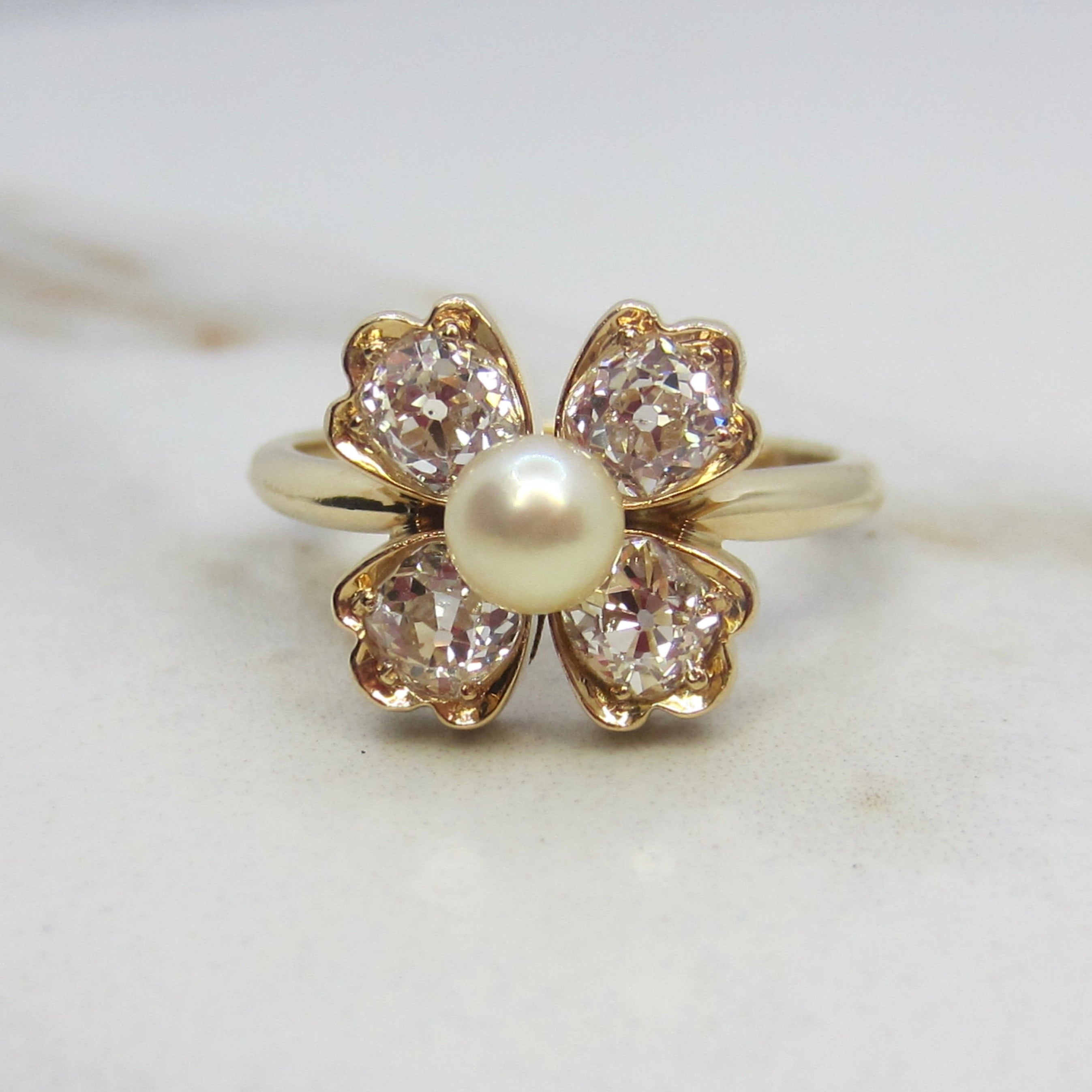 Vintage 14k Gold .80ctw Old Mine Cut Diamond and Cultured Pearl Flower Ring