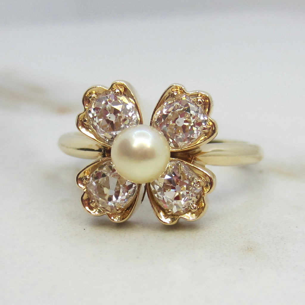 Vintage 14k Gold .80ctw Old Mine Cut Diamond and Cultured Pearl Flower Ring