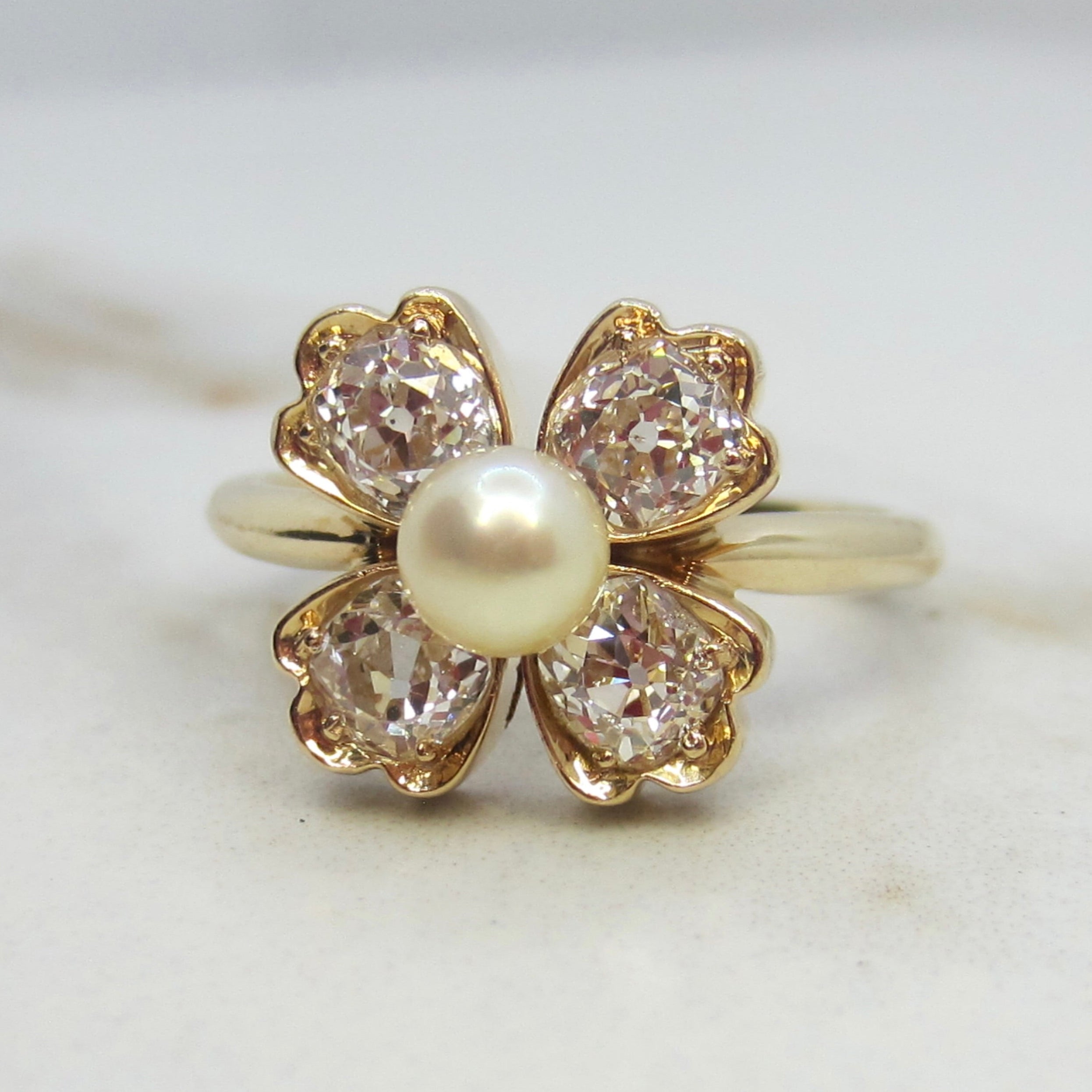 Vintage 14k Gold .80ctw Old Mine Cut Diamond and Cultured Pearl Flower Ring
