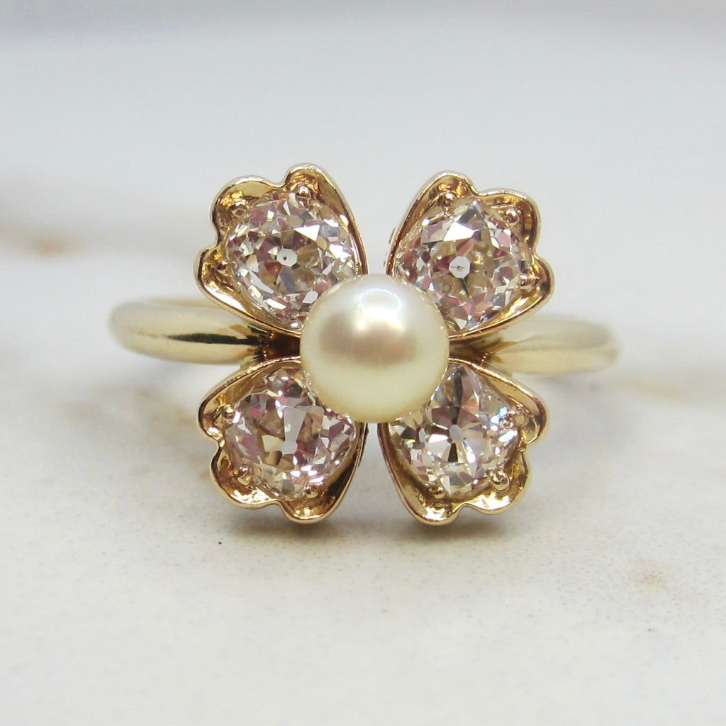 Vintage 14k Gold .80ctw Old Mine Cut Diamond and Cultured Pearl Flower Ring