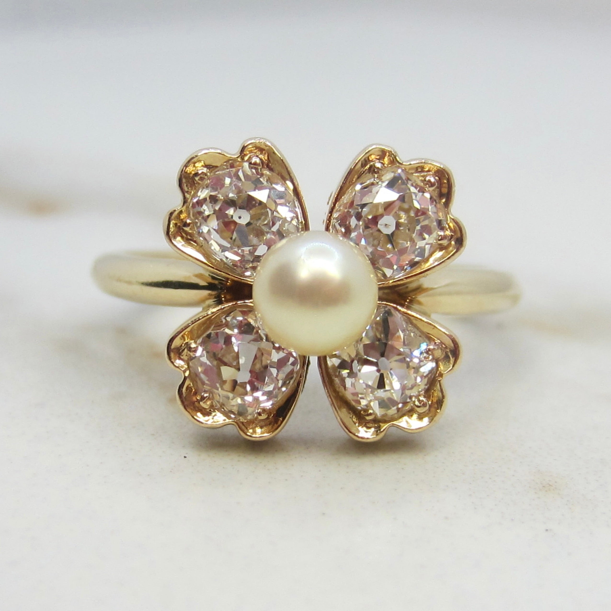 Vintage 14k Gold .80ctw Old Mine Cut Diamond and Cultured Pearl Flower Ring