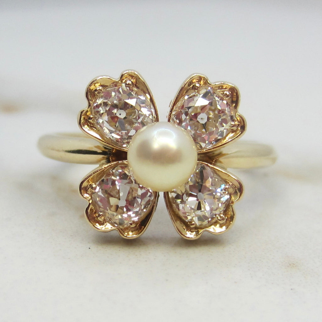 Vintage 14k Gold .80ctw Old Mine Cut Diamond and Cultured Pearl Flower Ring
