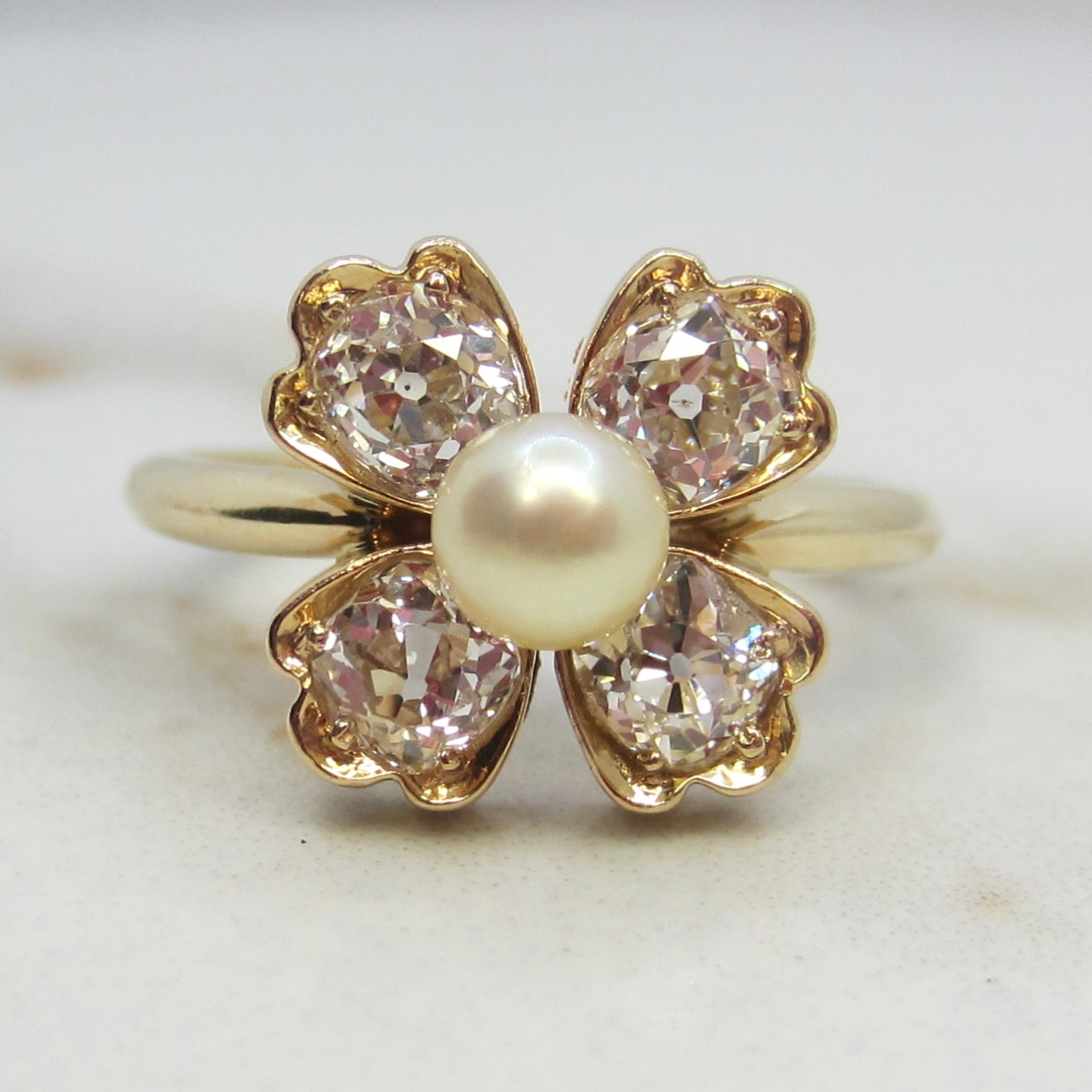 Vintage 14k Gold .80ctw Old Mine Cut Diamond and Cultured Pearl Flower Ring