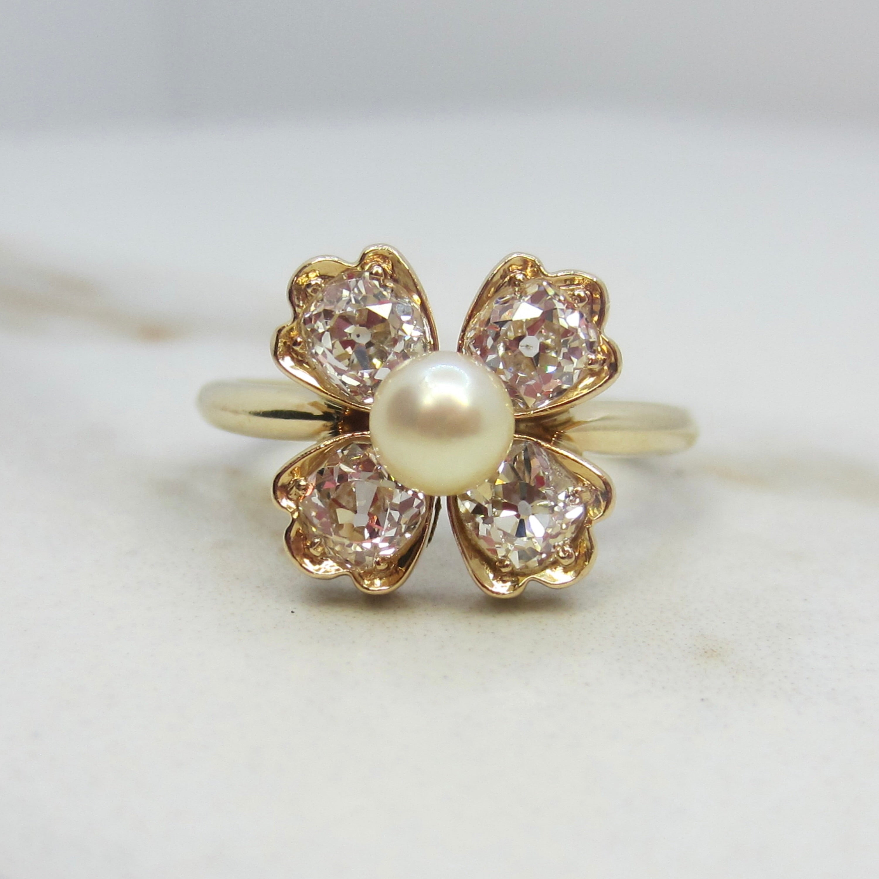 Vintage 14k Gold .80ctw Old Mine Cut Diamond and Cultured Pearl Flower Ring