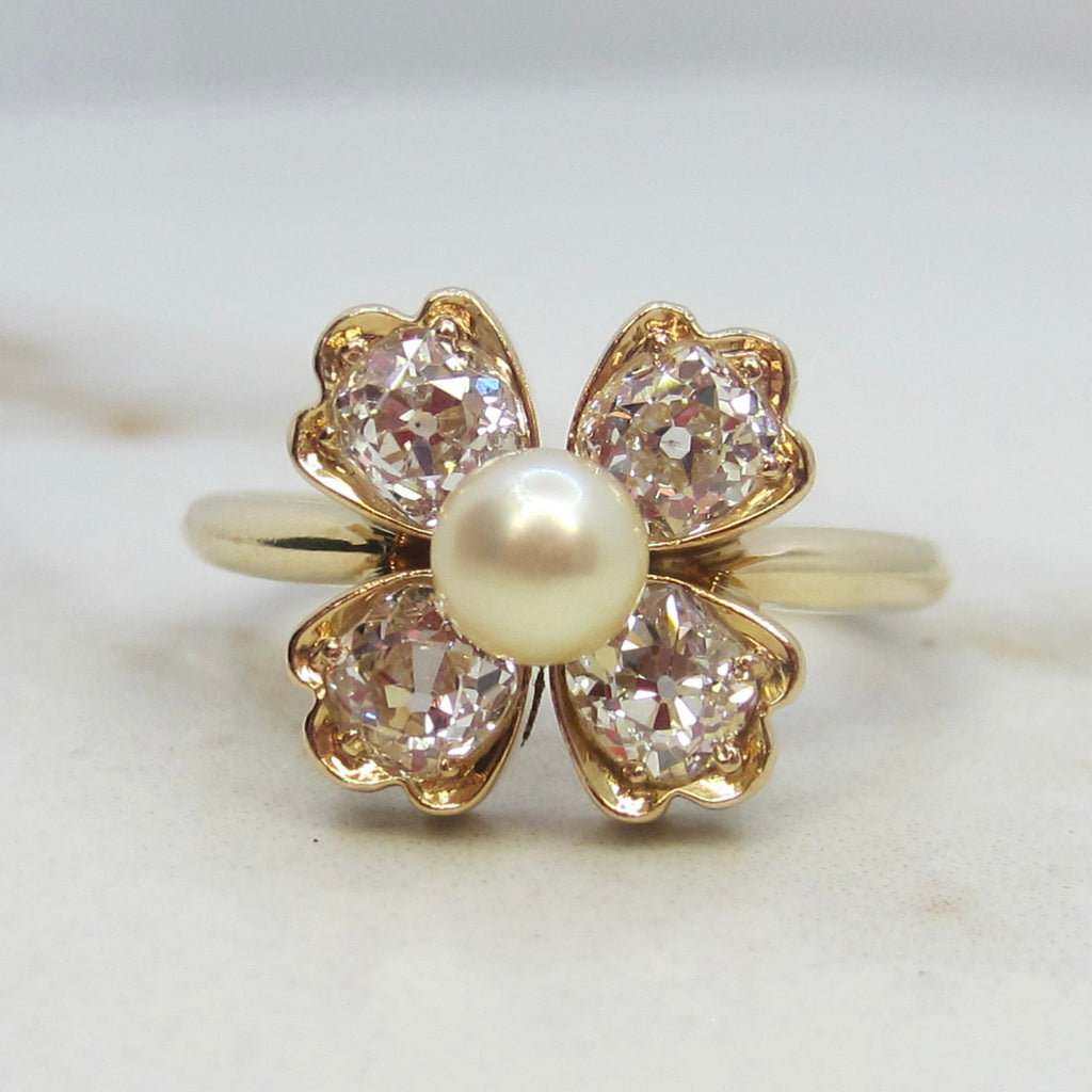 Vintage 14k Gold .80ctw Old Mine Cut Diamond and Cultured Pearl Flower Ring