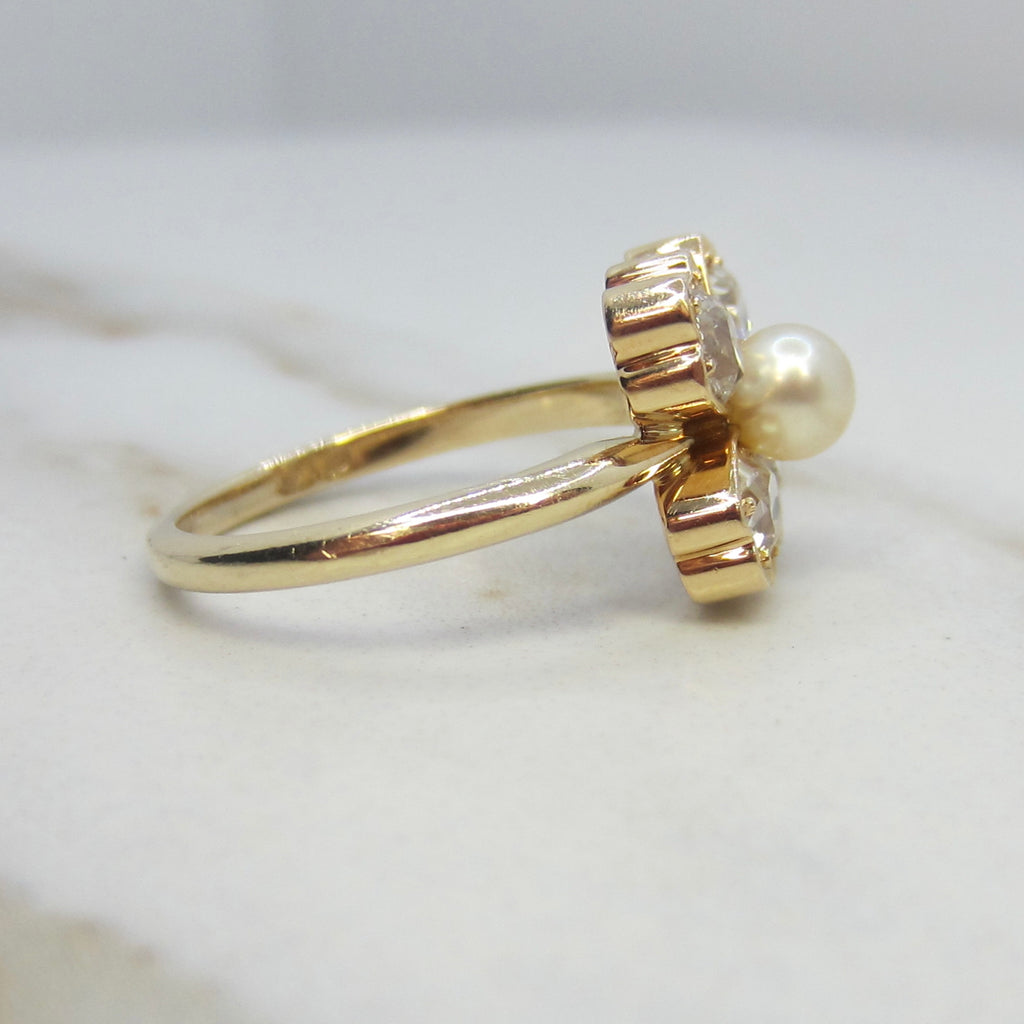 Vintage 14k Gold .80ctw Old Mine Cut Diamond and Cultured Pearl Flower Ring