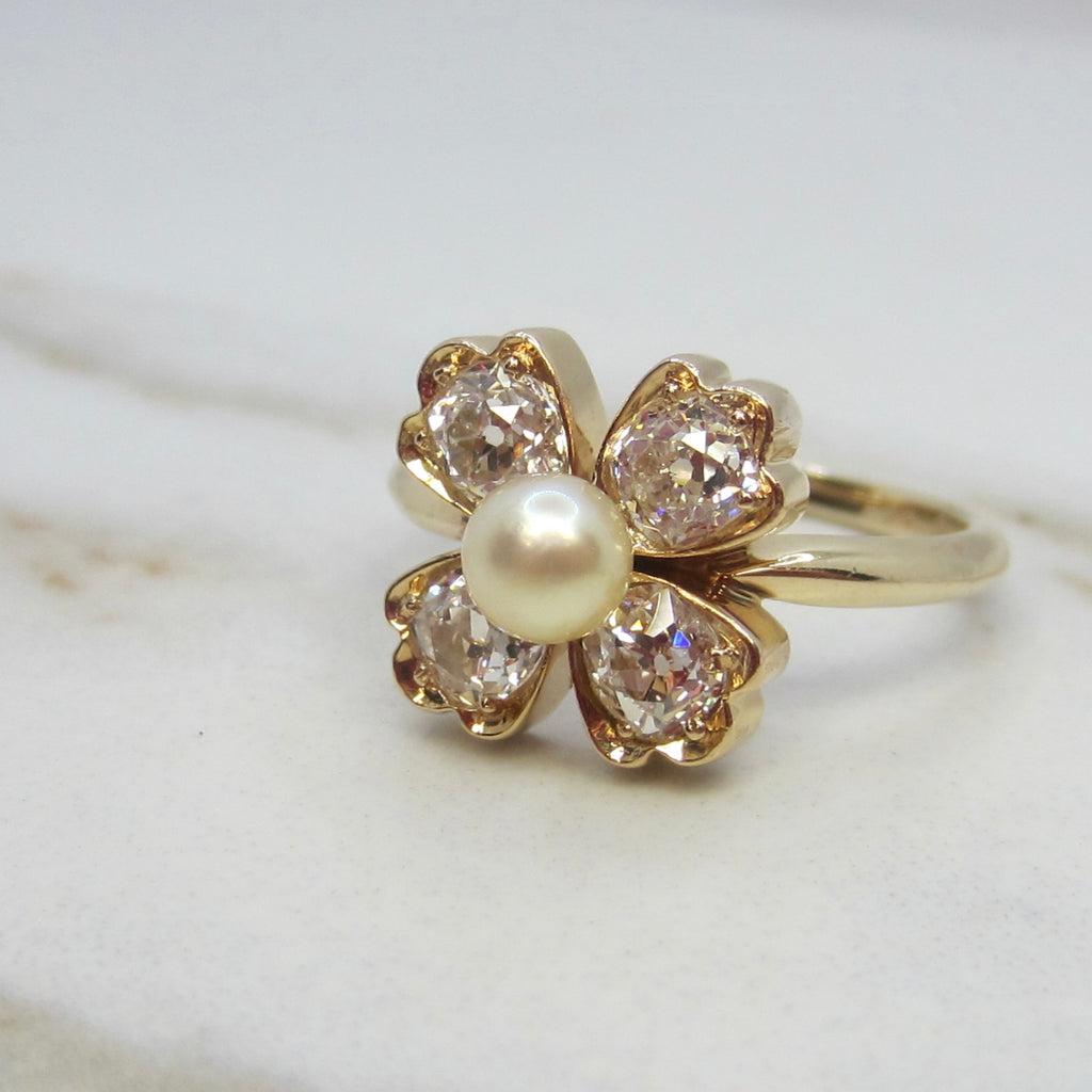Vintage 14k Gold .80ctw Old Mine Cut Diamond and Cultured Pearl Flower Ring