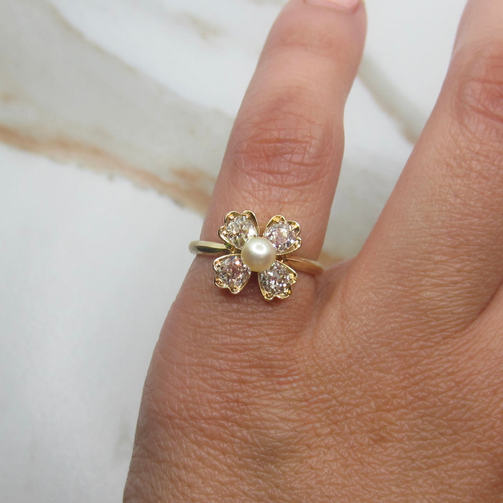Vintage 14k Gold .80ctw Old Mine Cut Diamond and Cultured Pearl Flower Ring