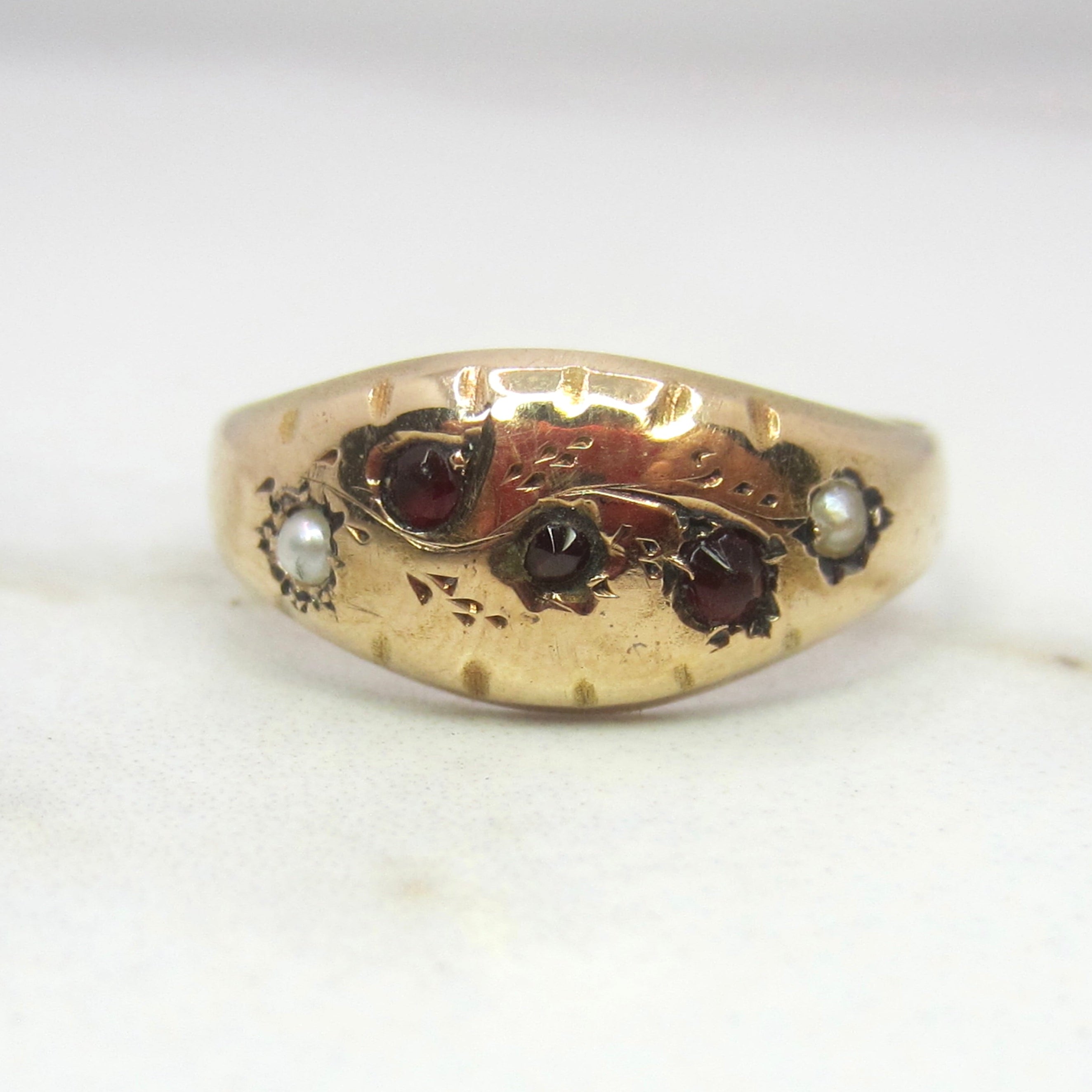 Antique Victorian 15K Gold Garnet & Seed Pearl Ring English Hallmarks 1887