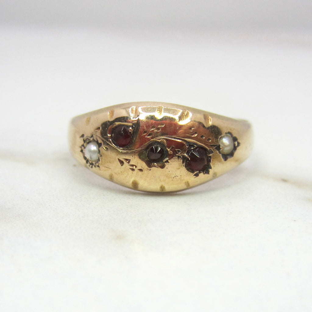 Antique Victorian 15K Gold Garnet & Seed Pearl Ring English Hallmarks 1887