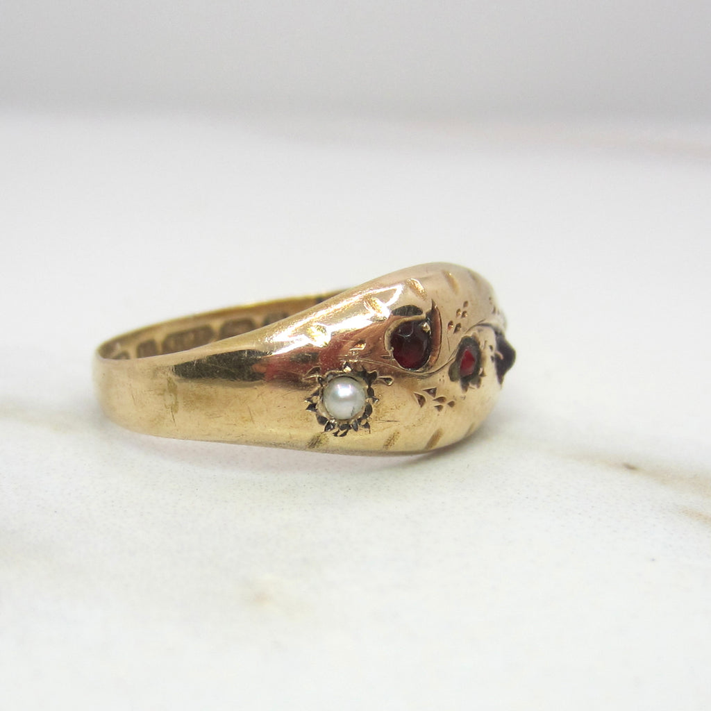 Antique Victorian 15K Gold Garnet & Seed Pearl Ring English Hallmarks 1887