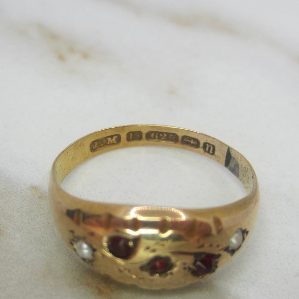 Antique Victorian 15K Gold Garnet & Seed Pearl Ring English Hallmarks 1887