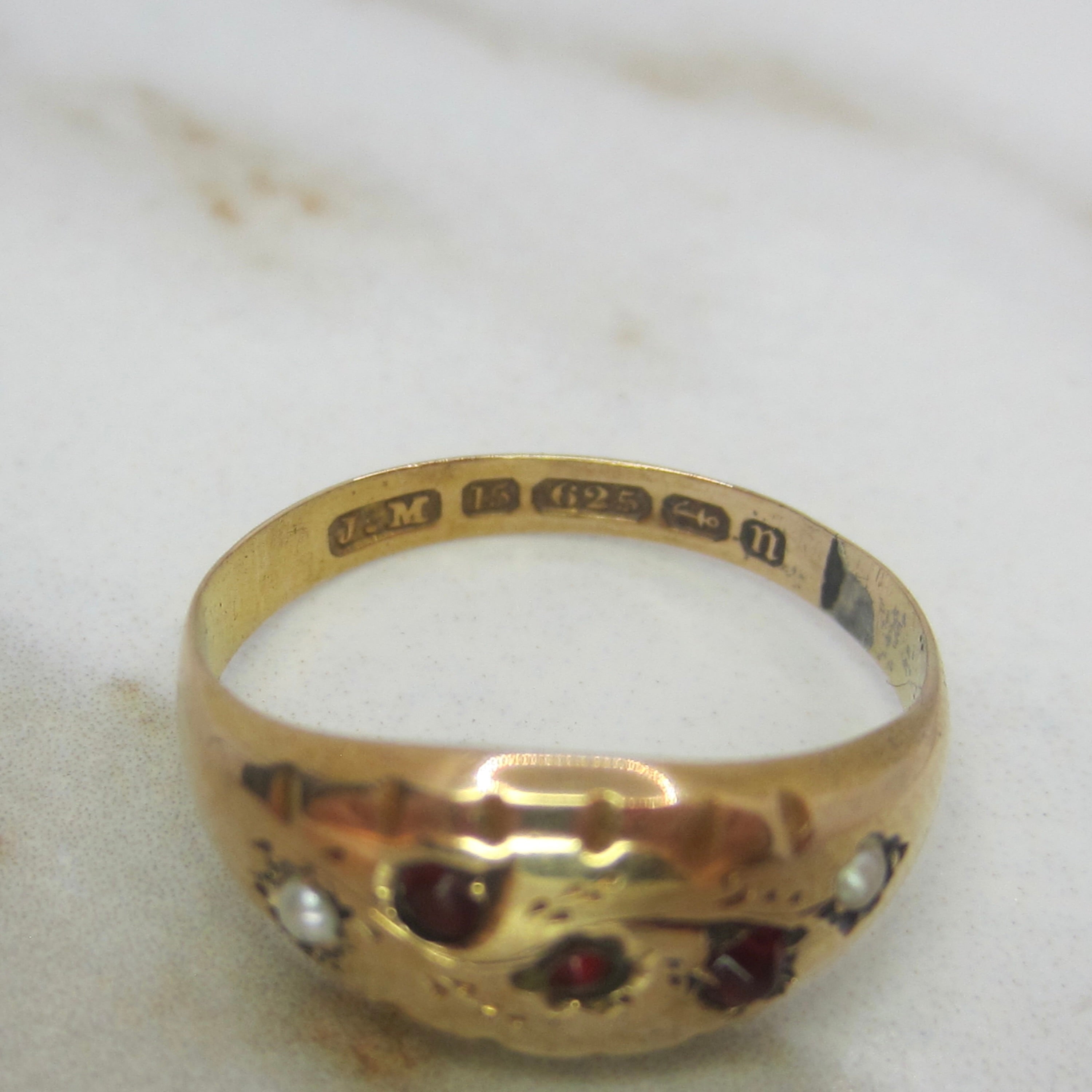 Antique Victorian 15K Gold Garnet & Seed Pearl Ring English Hallmarks 1887