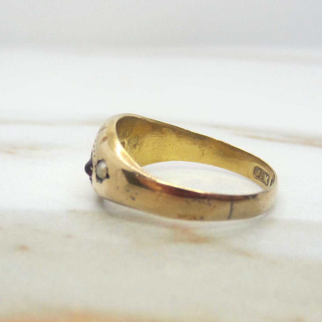 Antique Victorian 15K Gold Garnet & Seed Pearl Ring English Hallmarks 1887