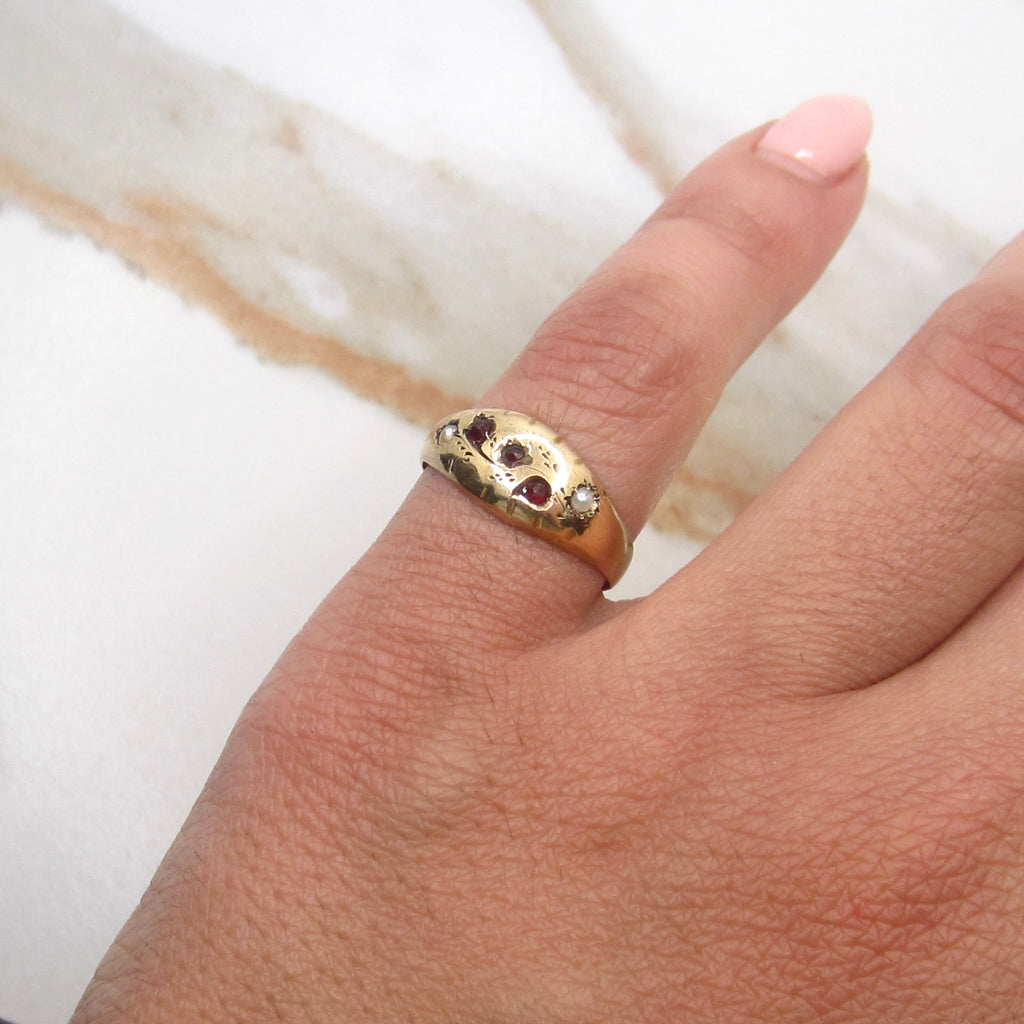 Antique Victorian 15K Gold Garnet & Seed Pearl Ring English Hallmarks 1887