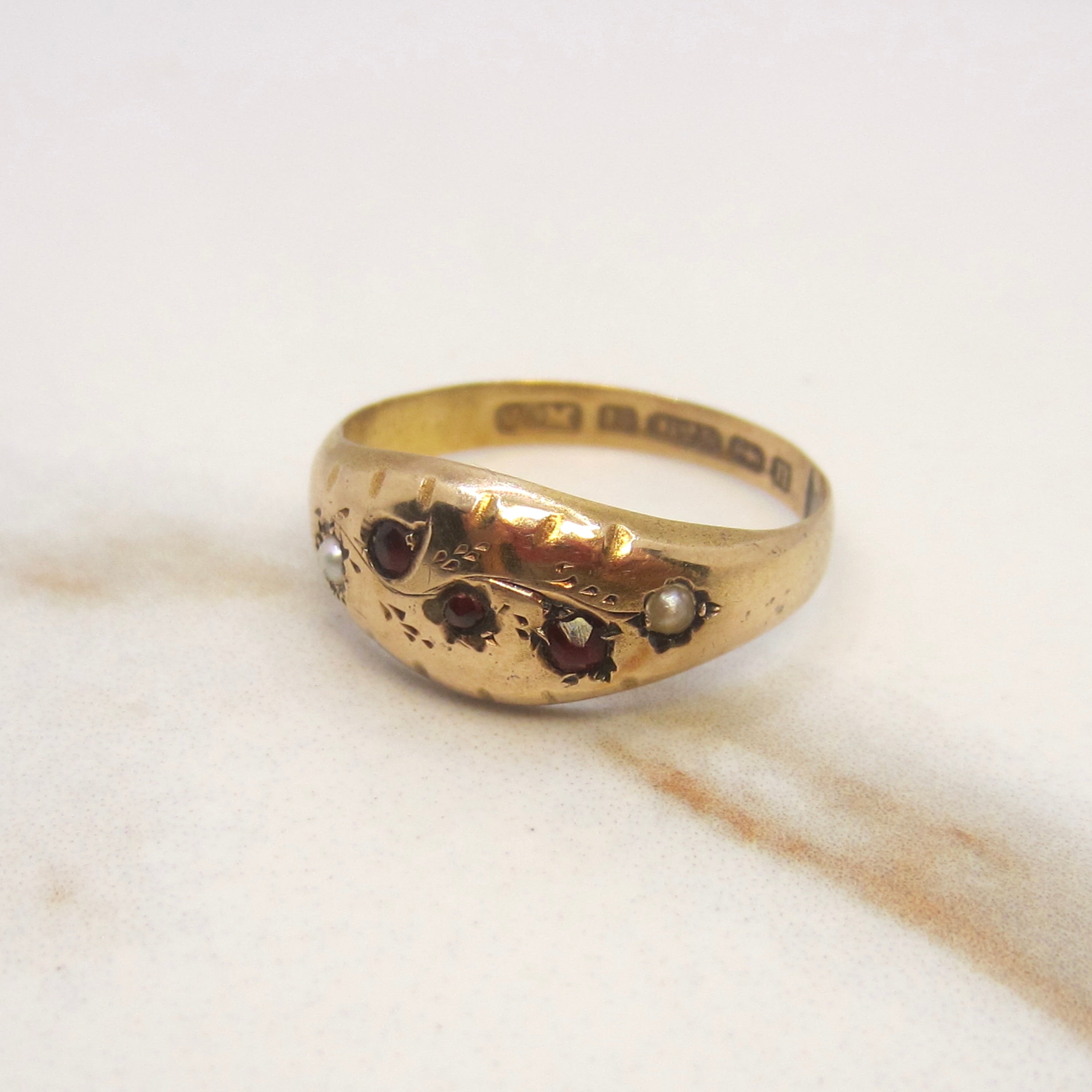 Antique Victorian 15K Gold Garnet & Seed Pearl Ring English Hallmarks 1887
