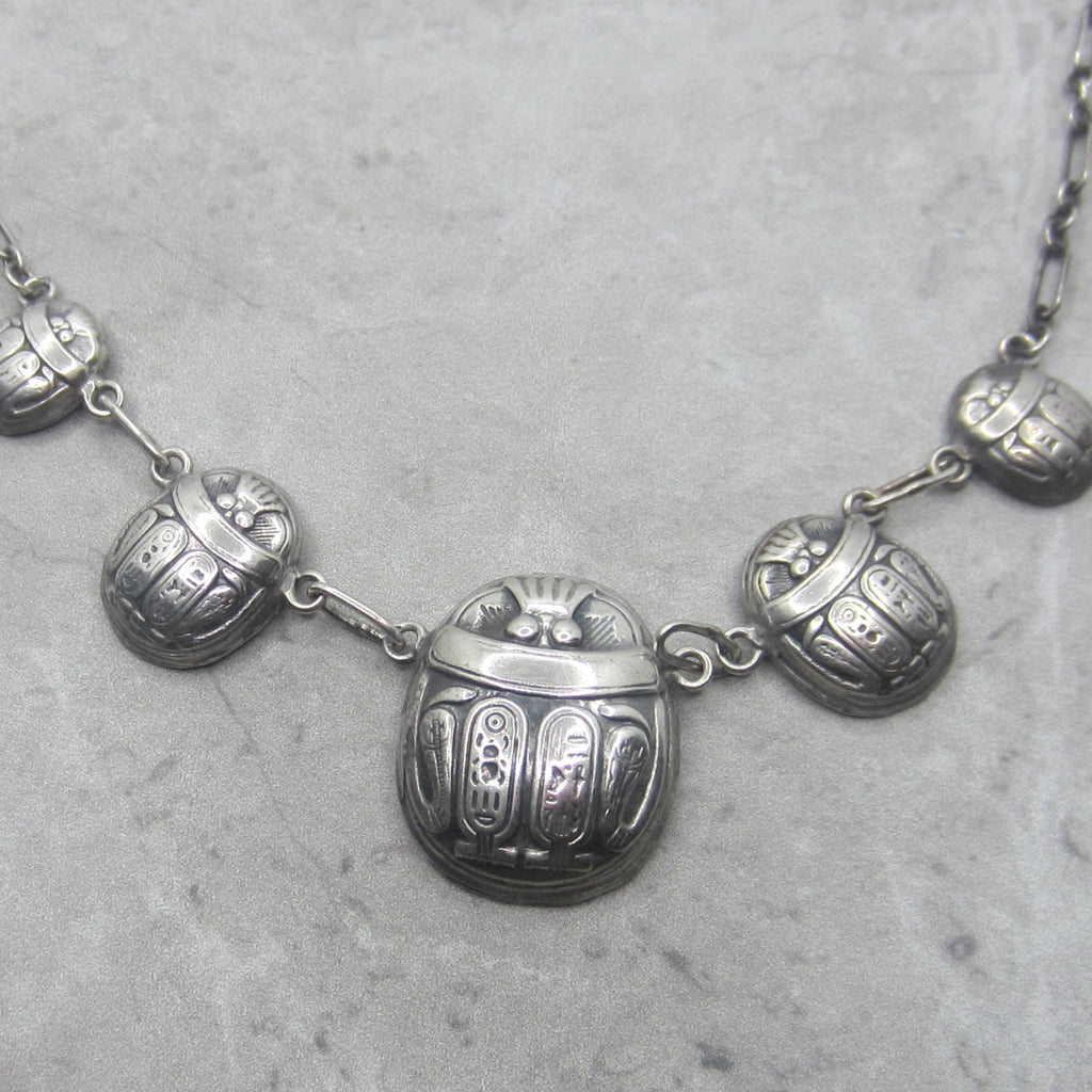 Vintage Art Deco Egyptian Revival Sterling Silver Scarab Hieroglyphs Necklace c.1930s