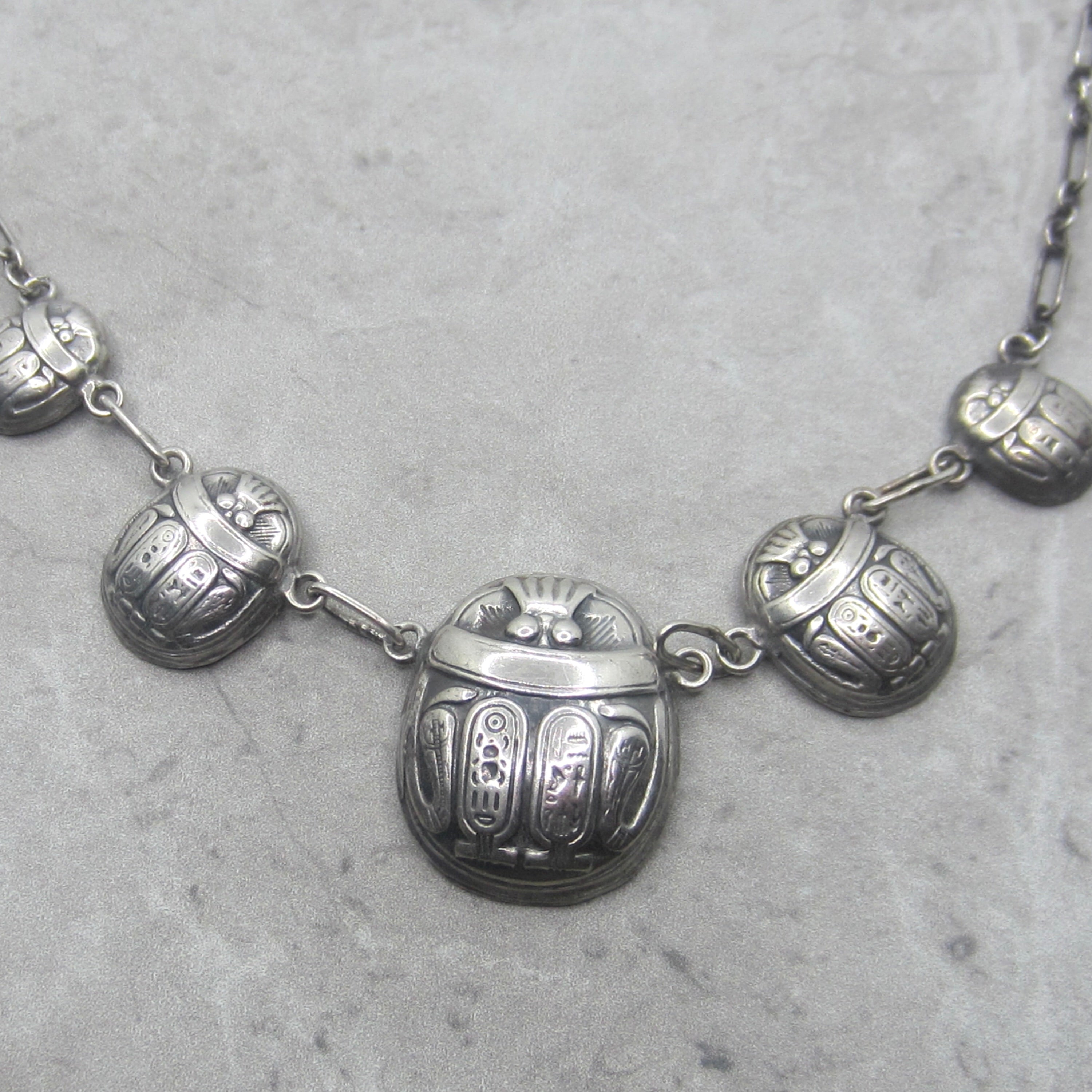 Vintage Art Deco Egyptian Revival Sterling Silver Scarab Hieroglyphs Necklace c.1930s