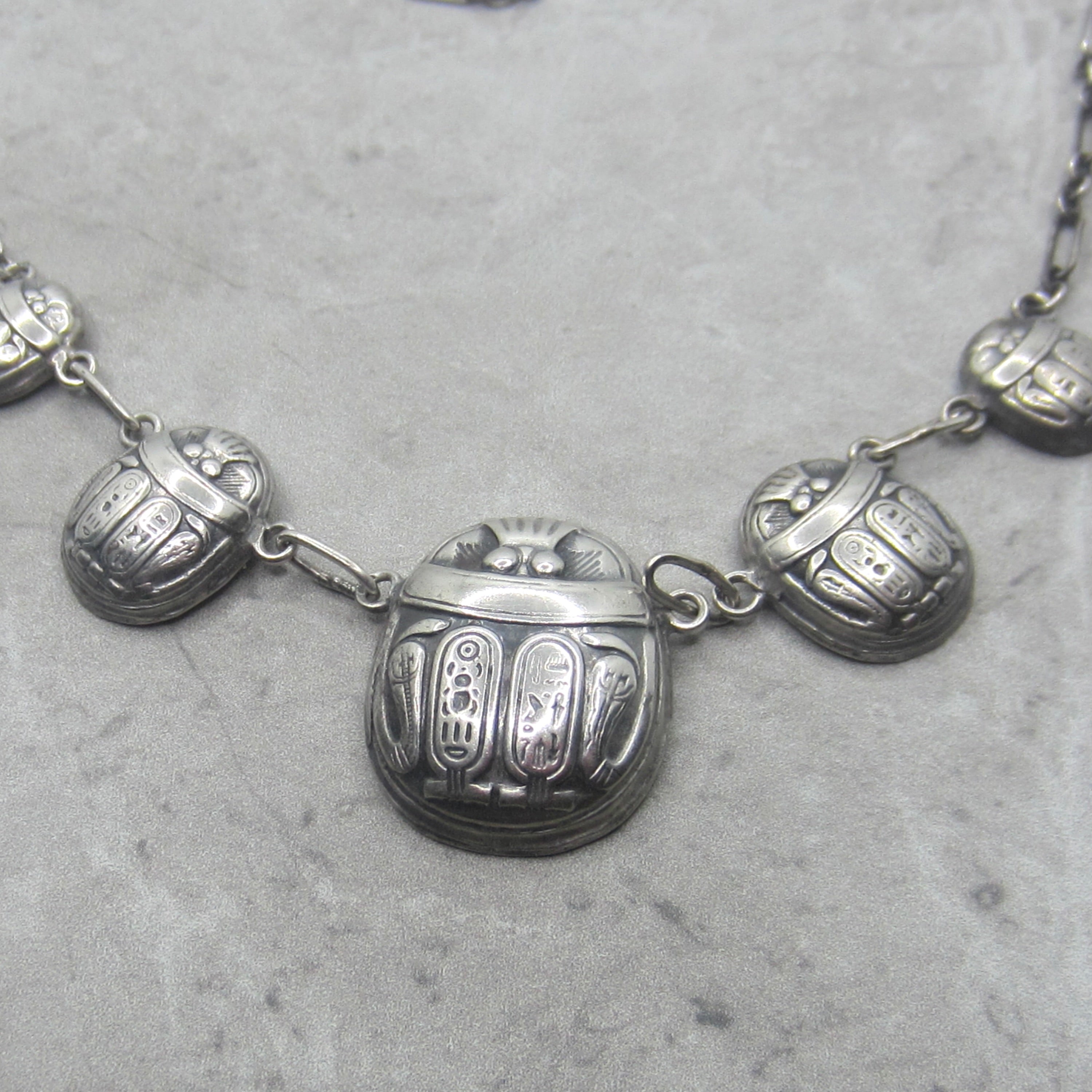 Vintage Art Deco Egyptian Revival Sterling Silver Scarab Hieroglyphs Necklace c.1930s