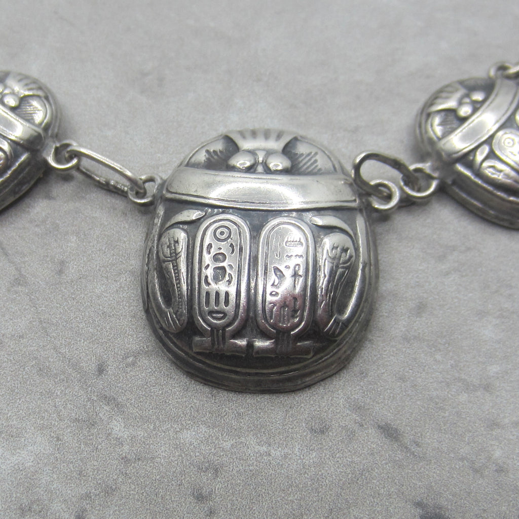 Vintage Art Deco Egyptian Revival Sterling Silver Scarab Hieroglyphs Necklace c.1930s