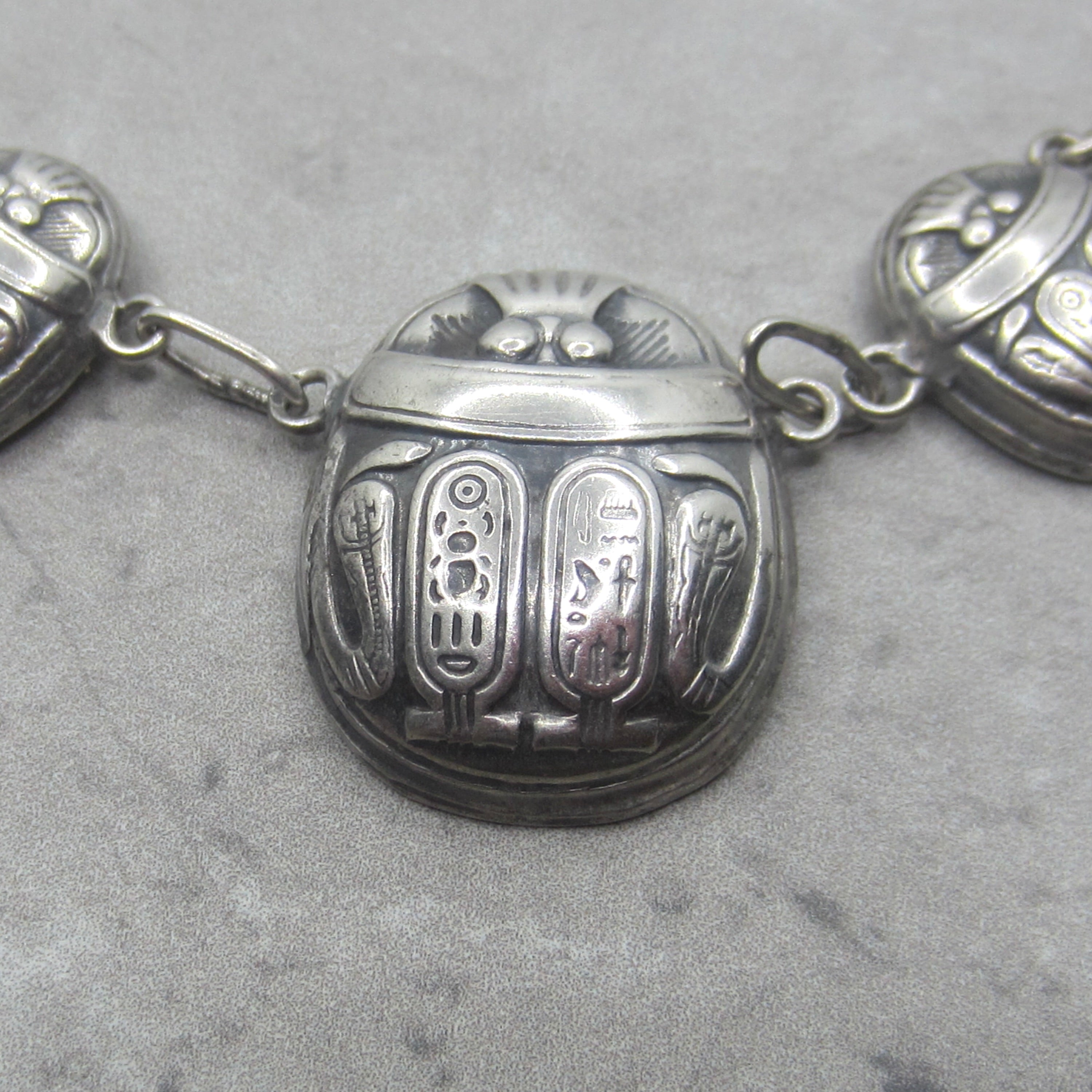 Vintage Art Deco Egyptian Revival Sterling Silver Scarab Hieroglyphs Necklace c.1930s
