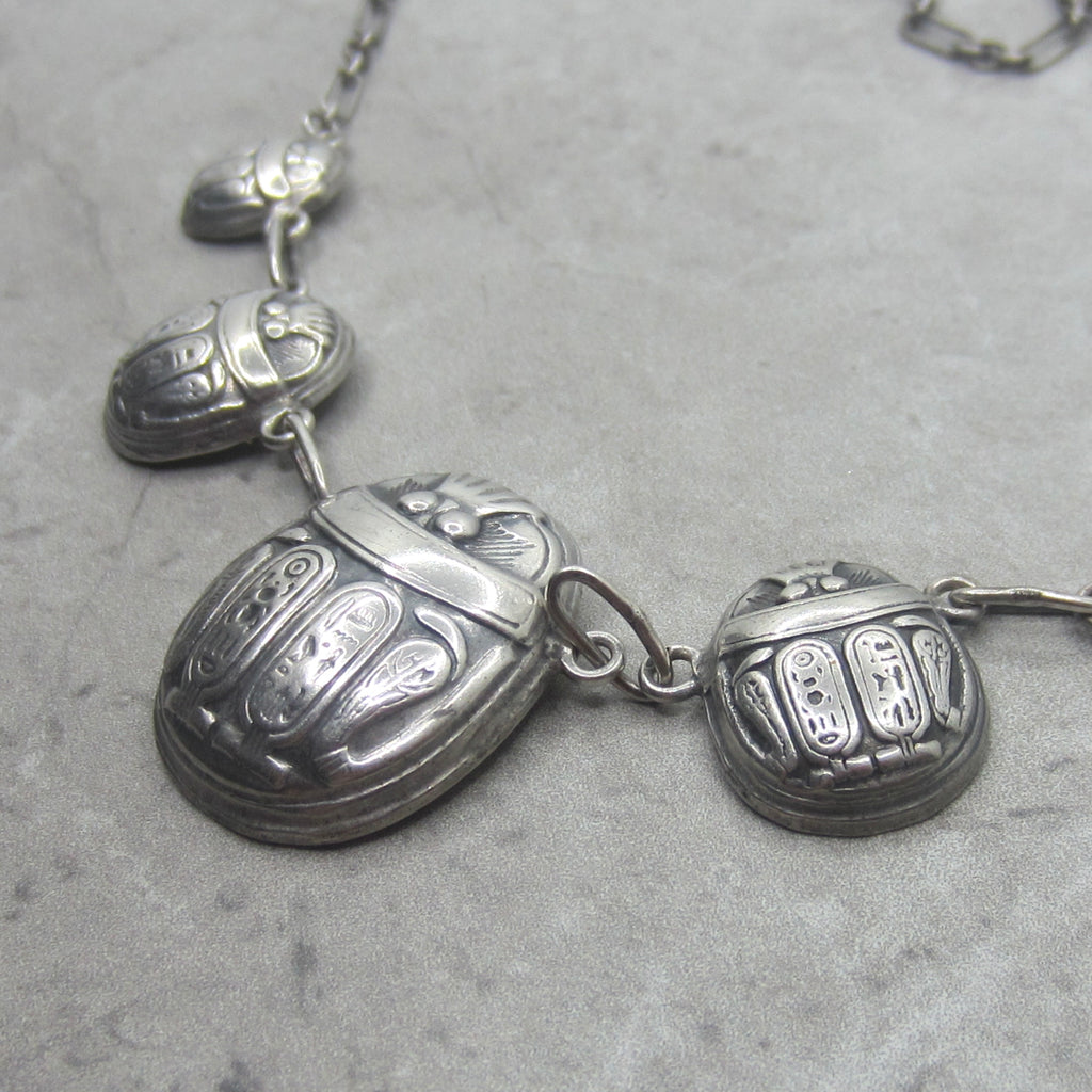 Vintage Art Deco Egyptian Revival Sterling Silver Scarab Hieroglyphs Necklace c.1930s