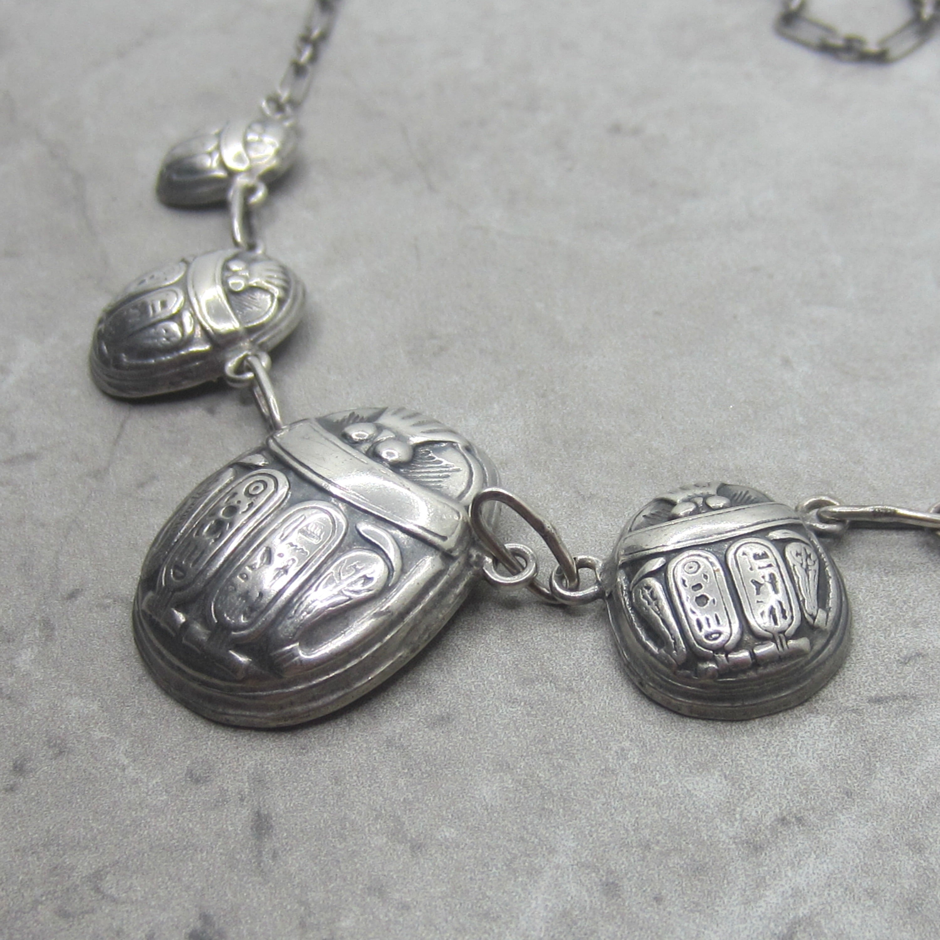 Vintage Art Deco Egyptian Revival Sterling Silver Scarab Hieroglyphs Necklace c.1930s