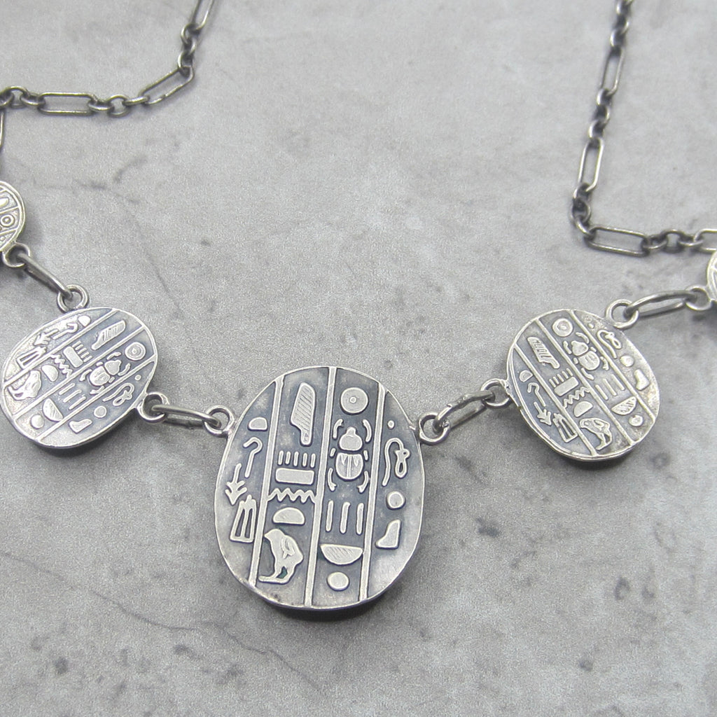 Vintage Art Deco Egyptian Revival Sterling Silver Scarab Hieroglyphs Necklace c.1930s