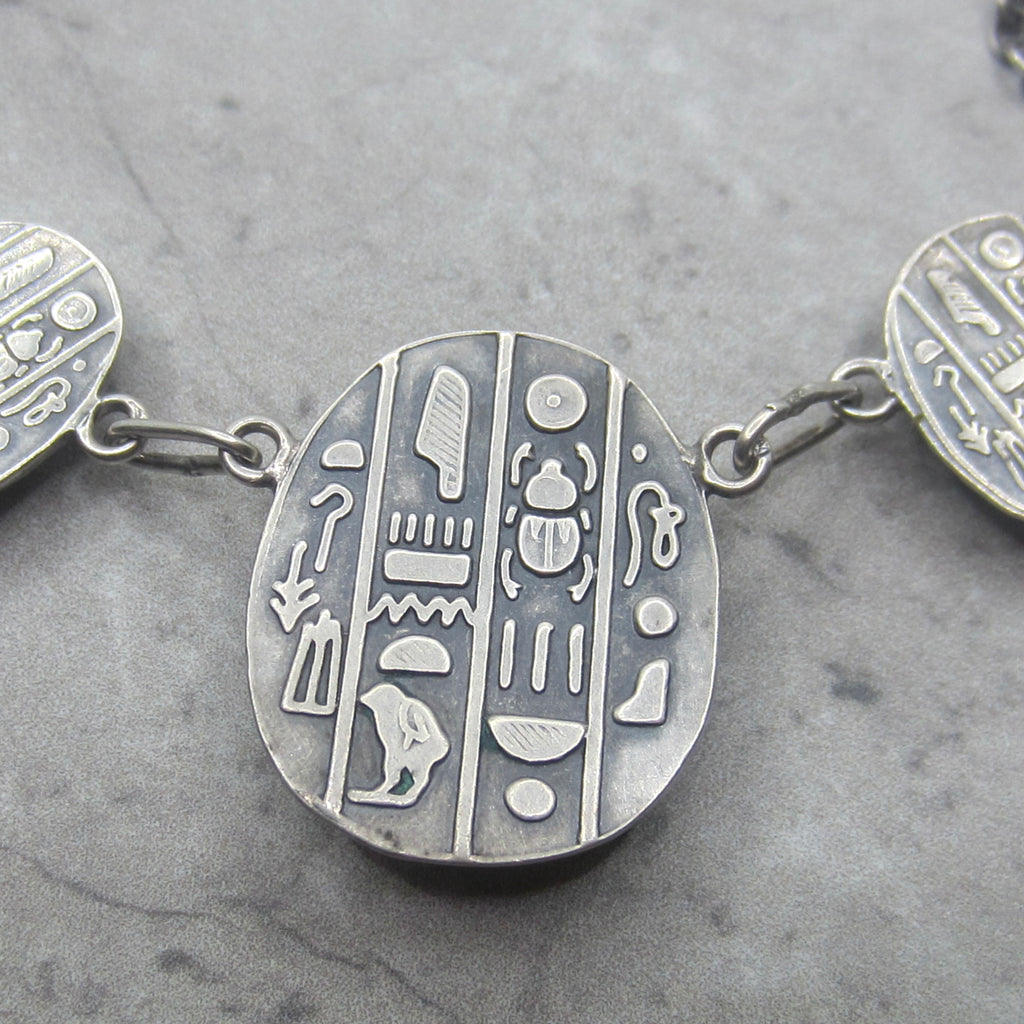 Vintage Art Deco Egyptian Revival Sterling Silver Scarab Hieroglyphs Necklace c.1930s