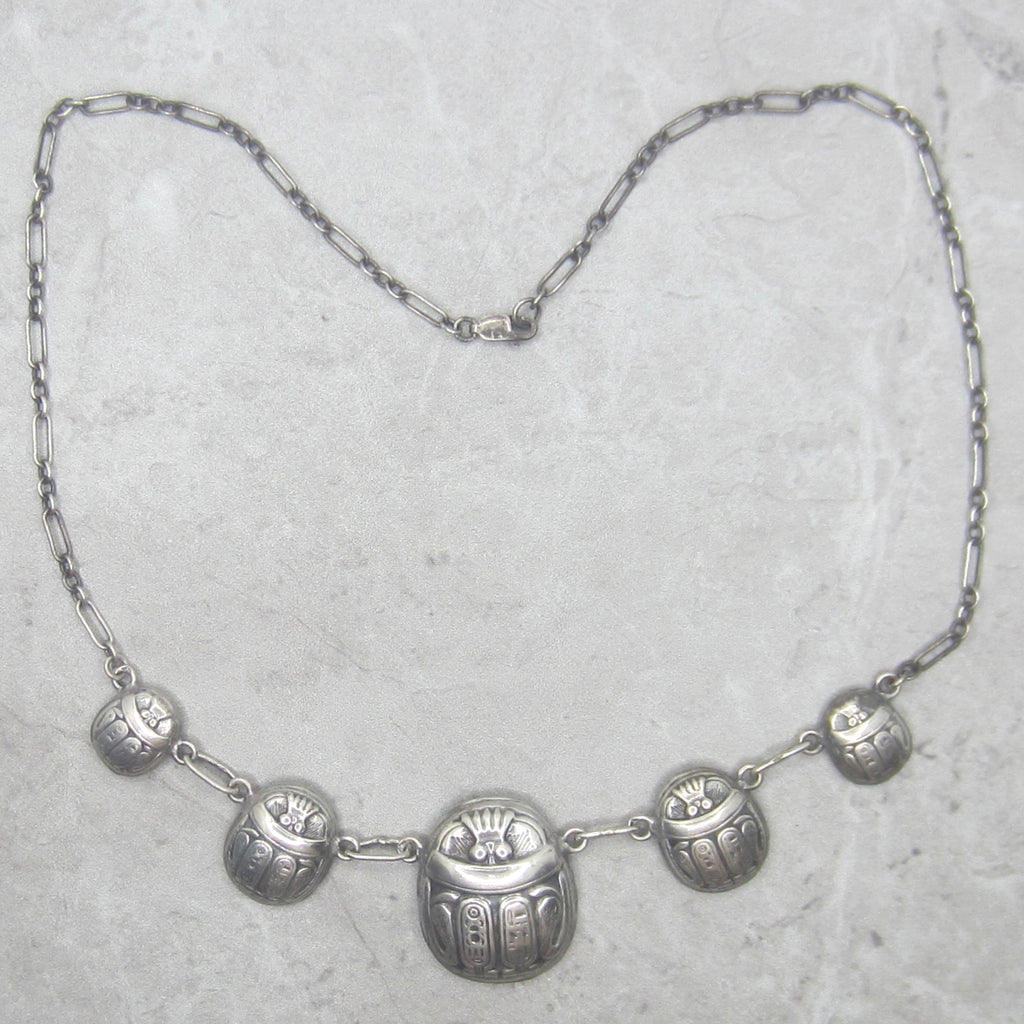 Vintage Art Deco Egyptian Revival Sterling Silver Scarab Hieroglyphs Necklace c.1930s