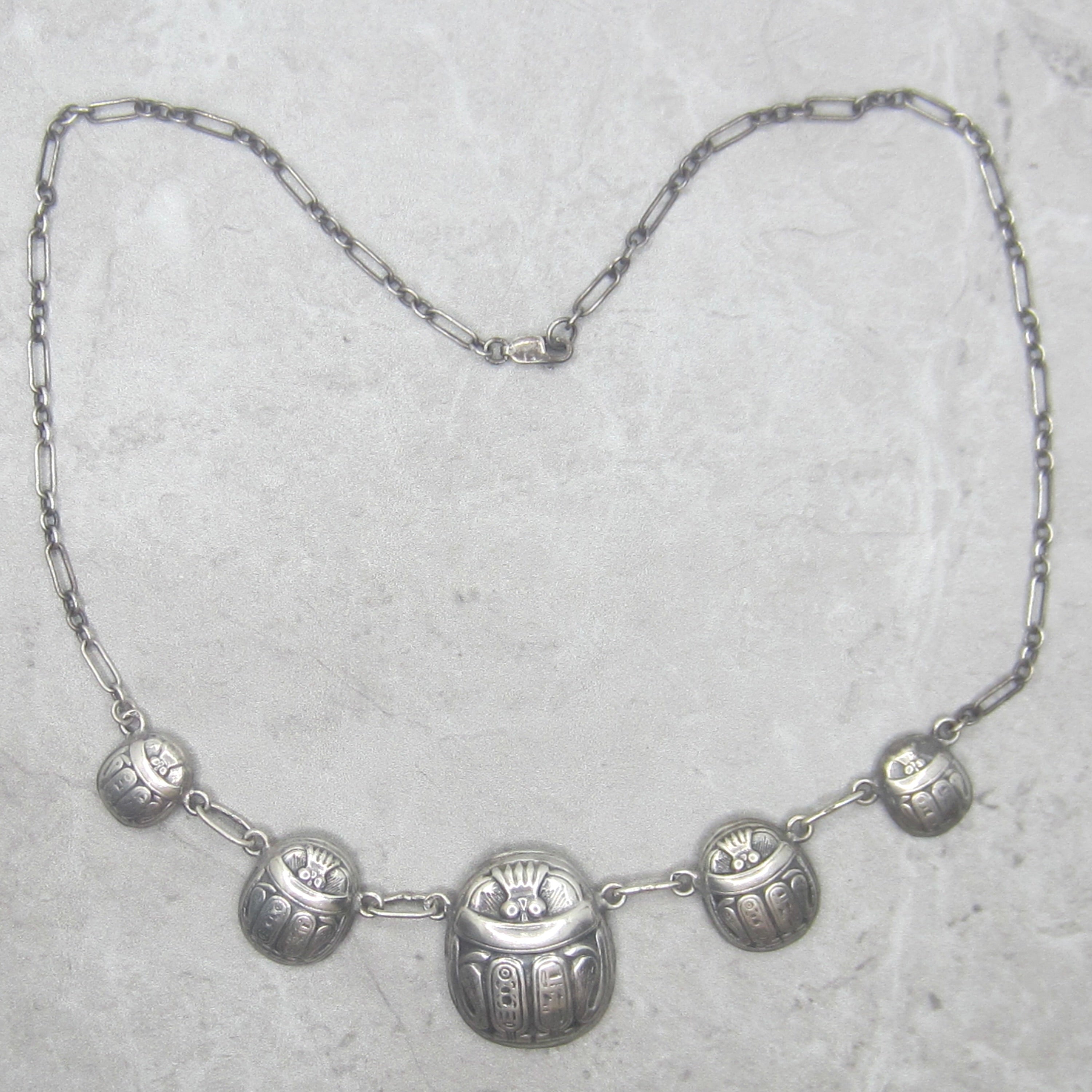Vintage Art Deco Egyptian Revival Sterling Silver Scarab Hieroglyphs Necklace c.1930s