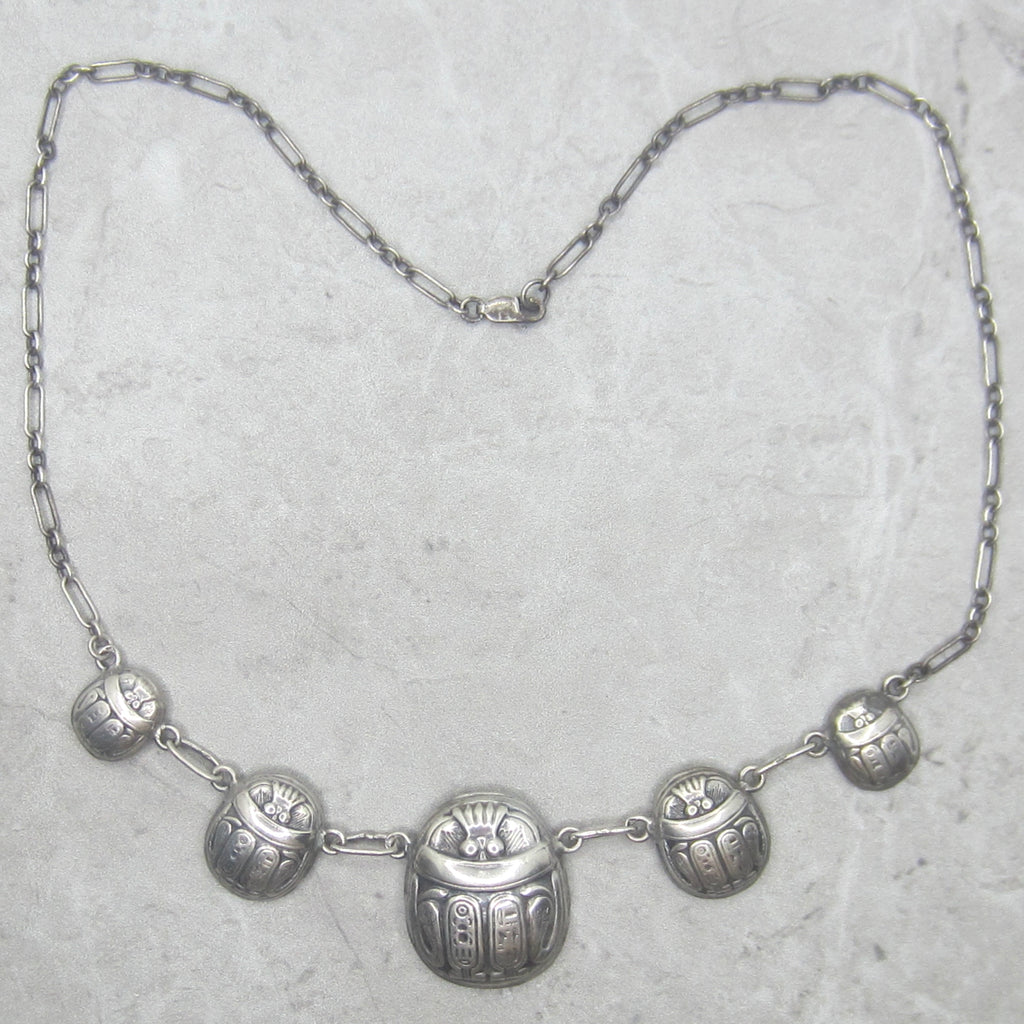 Vintage Art Deco Egyptian Revival Sterling Silver Scarab Hieroglyphs Necklace c.1930s