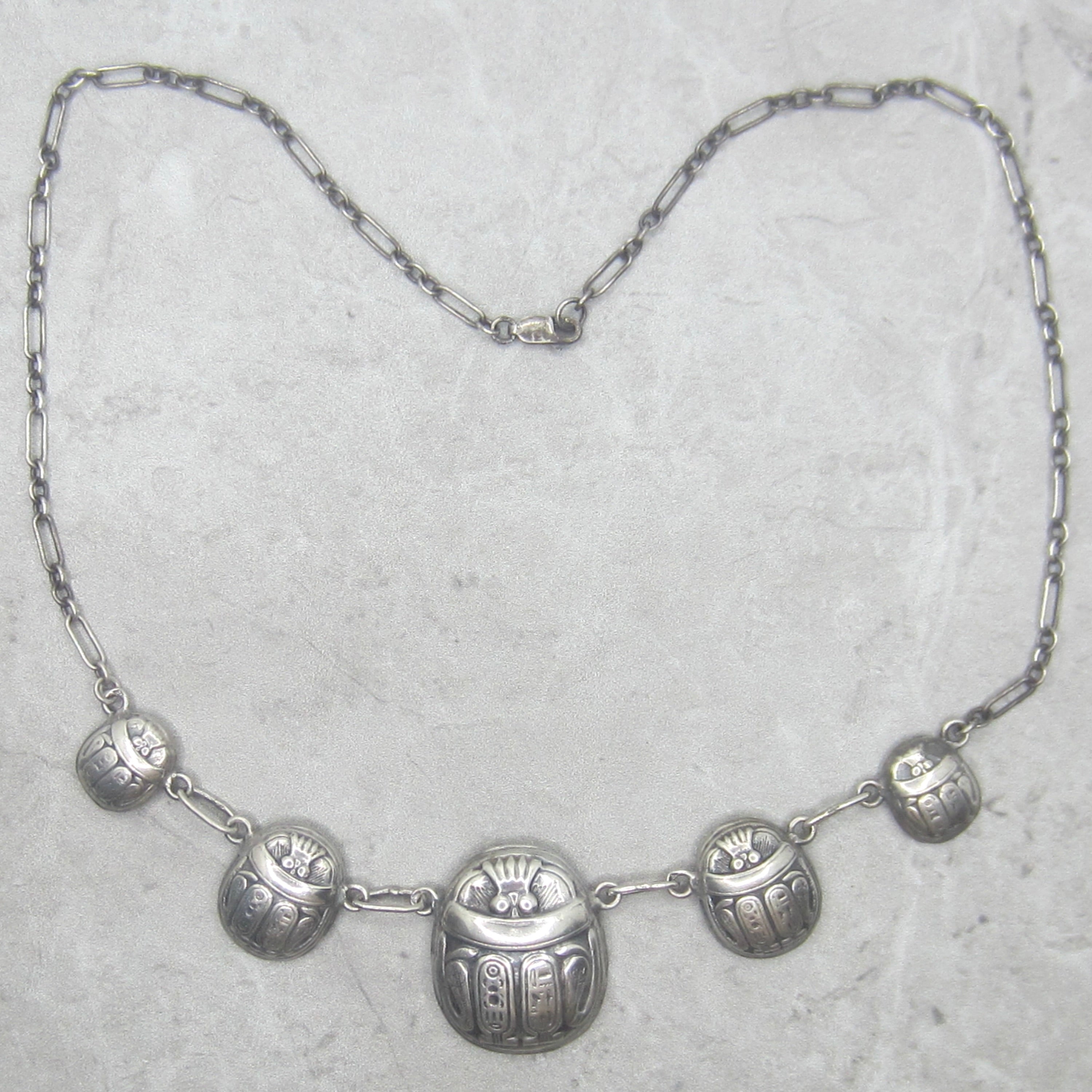 Vintage Art Deco Egyptian Revival Sterling Silver Scarab Hieroglyphs Necklace c.1930s