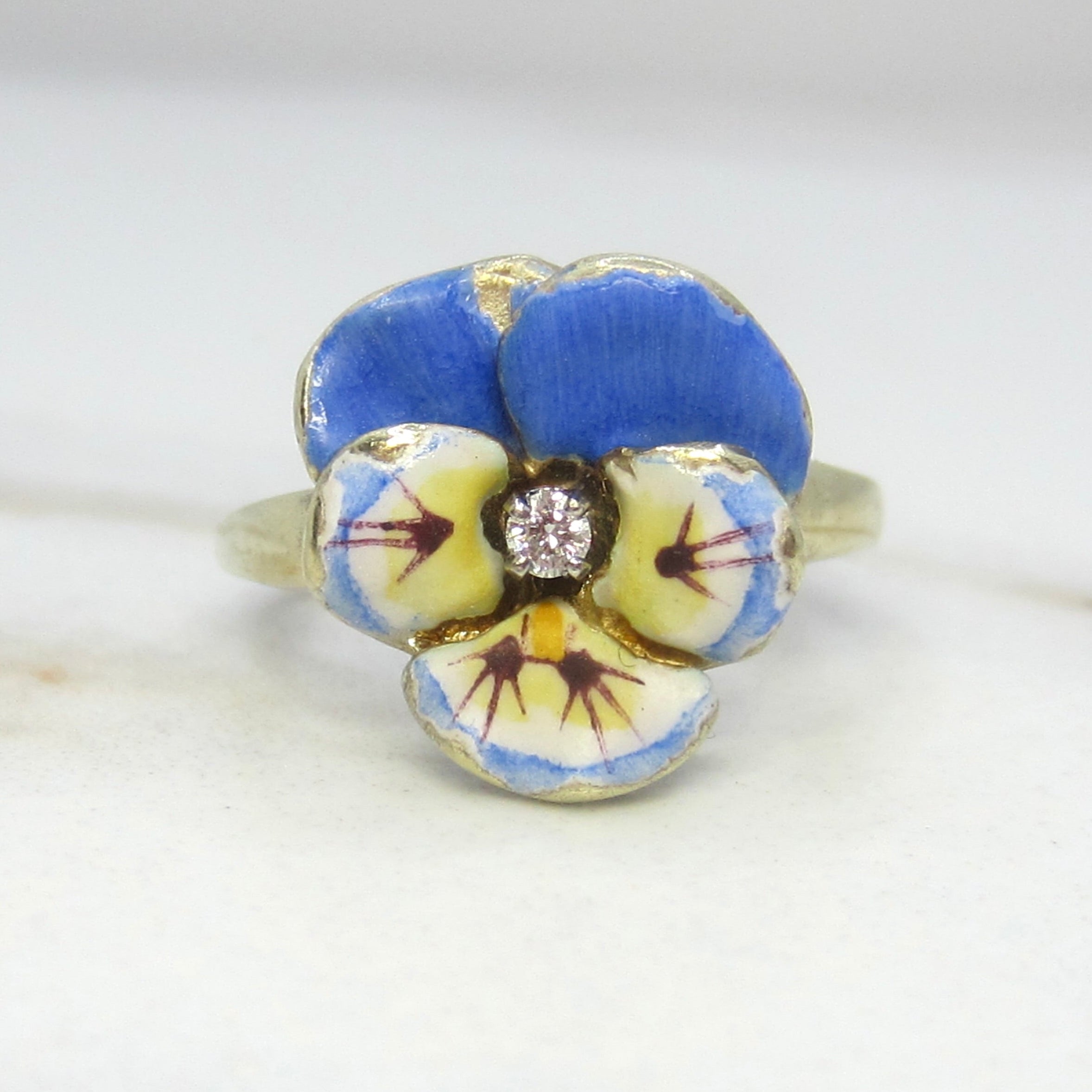 Antique Larter and Sons Art Nouveau 14k Enamel Pansy Flower Ring with Diamond