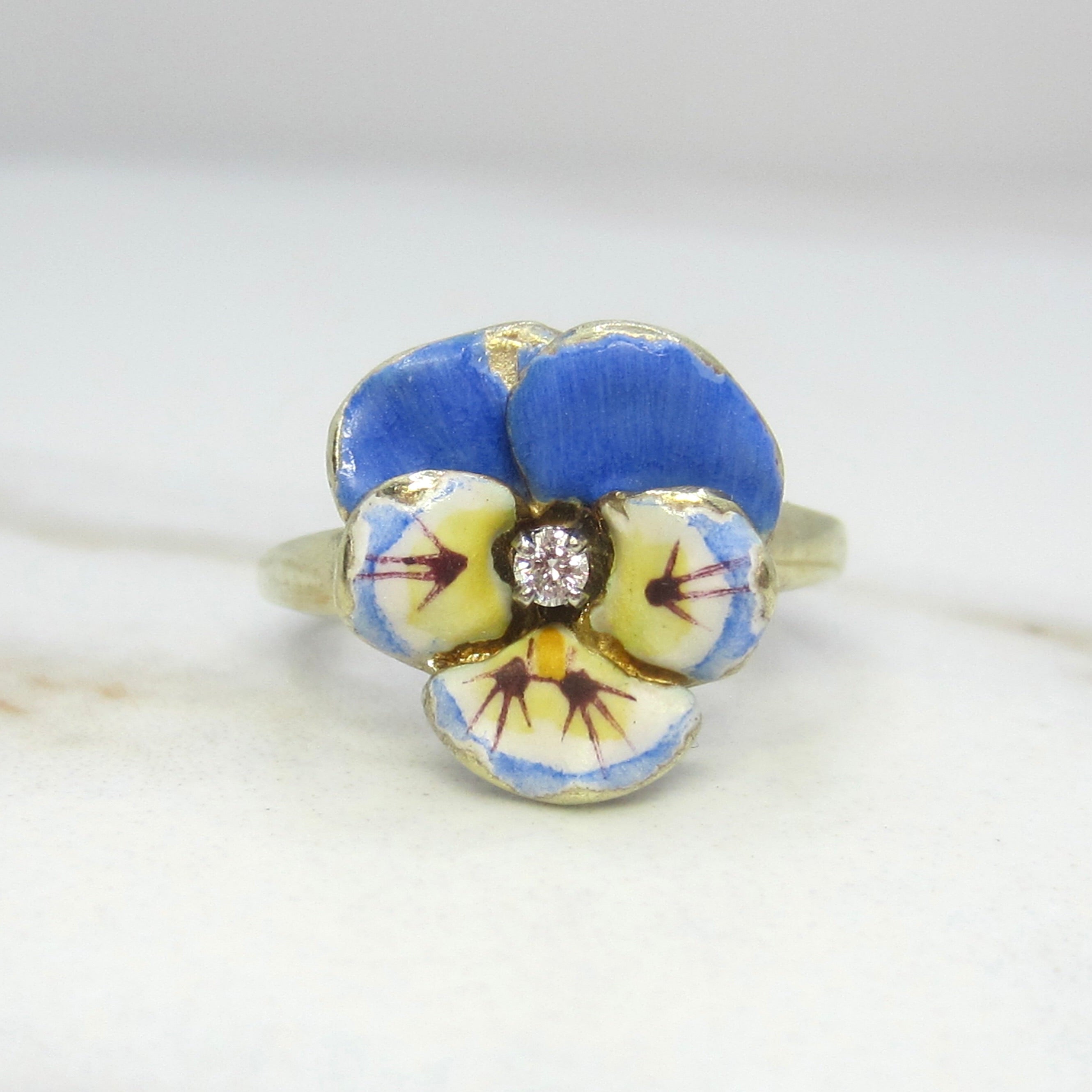 Antique Larter and Sons Art Nouveau 14k Enamel Pansy Flower Ring with Diamond