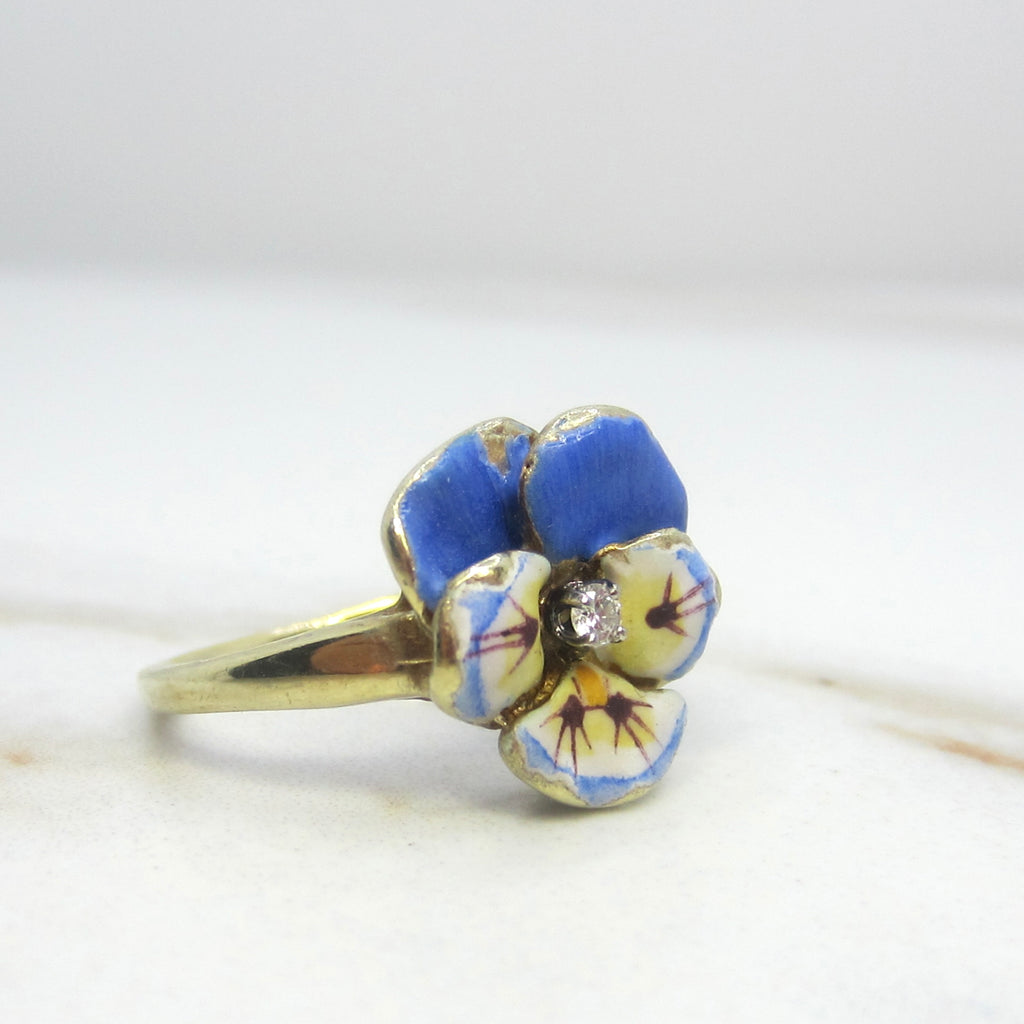 Antique Larter and Sons Art Nouveau 14k Enamel Pansy Flower Ring with Diamond